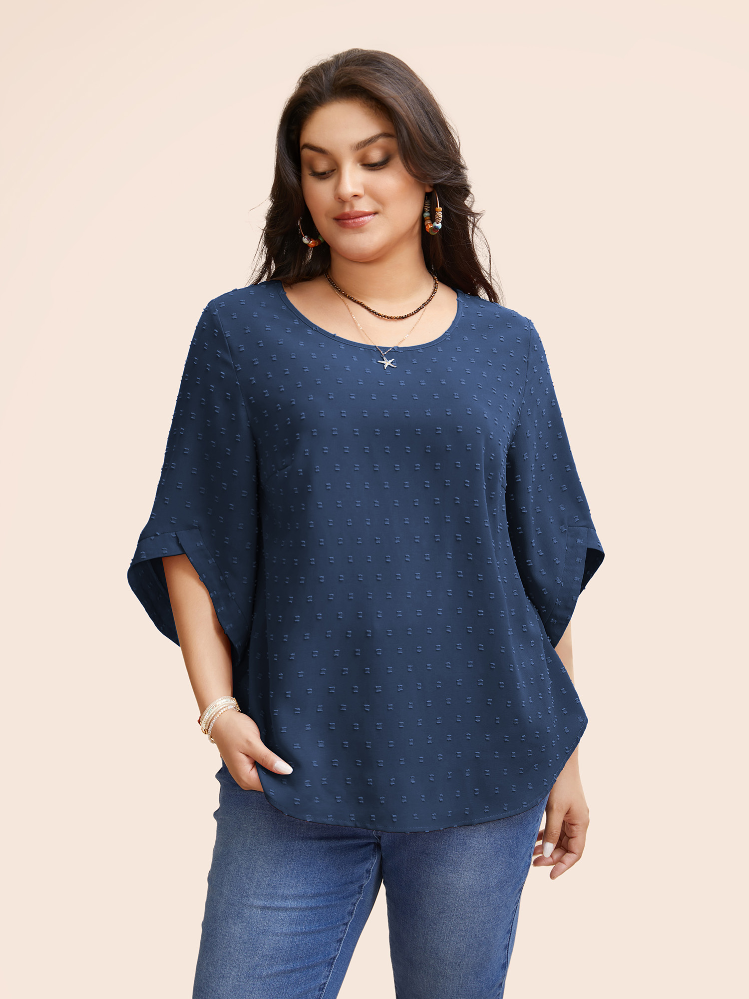 

Plus Size Indigo Textured Round Neck Bell Sleeve Blouse Women Elegant Elbow-length sleeve Round Neck Everyday Blouses BloomChic