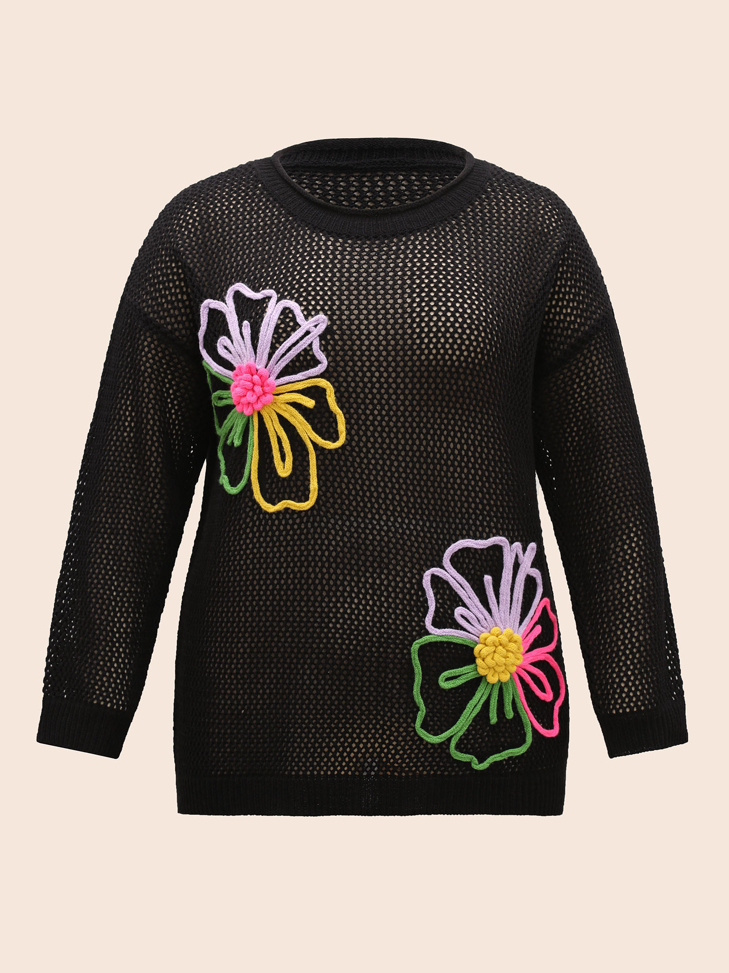 

Plus Size Crochet Floral Contrast Texture Pullover Black Women Casual Long Sleeve Round Neck Everyday Pullovers BloomChic