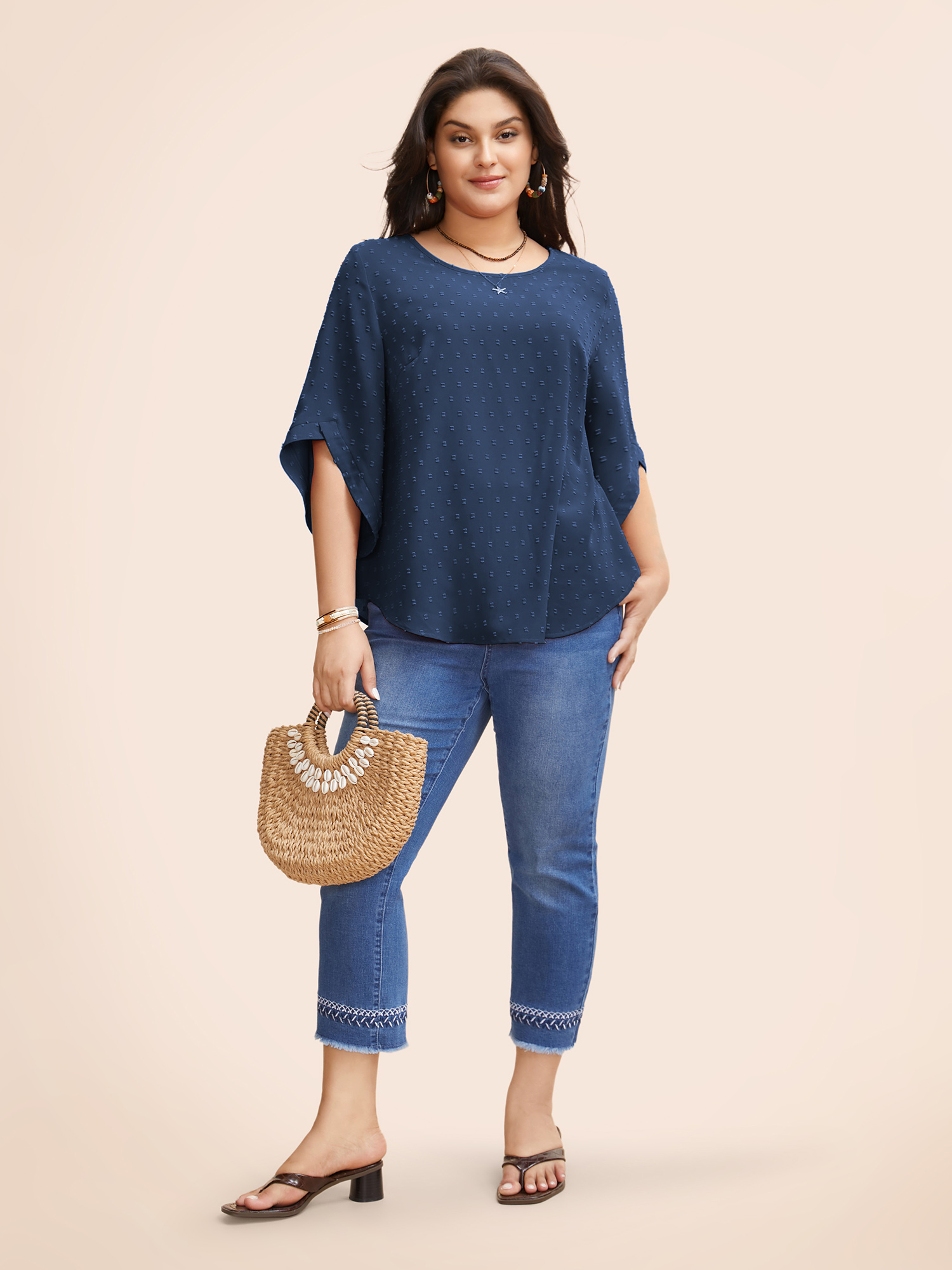 Plus Size Indigo Textured Round Neck Bell Sleeve Blouse Women Elegant Elbow-length sleeve Round Neck Everyday Blouses BloomChic 28/5X 