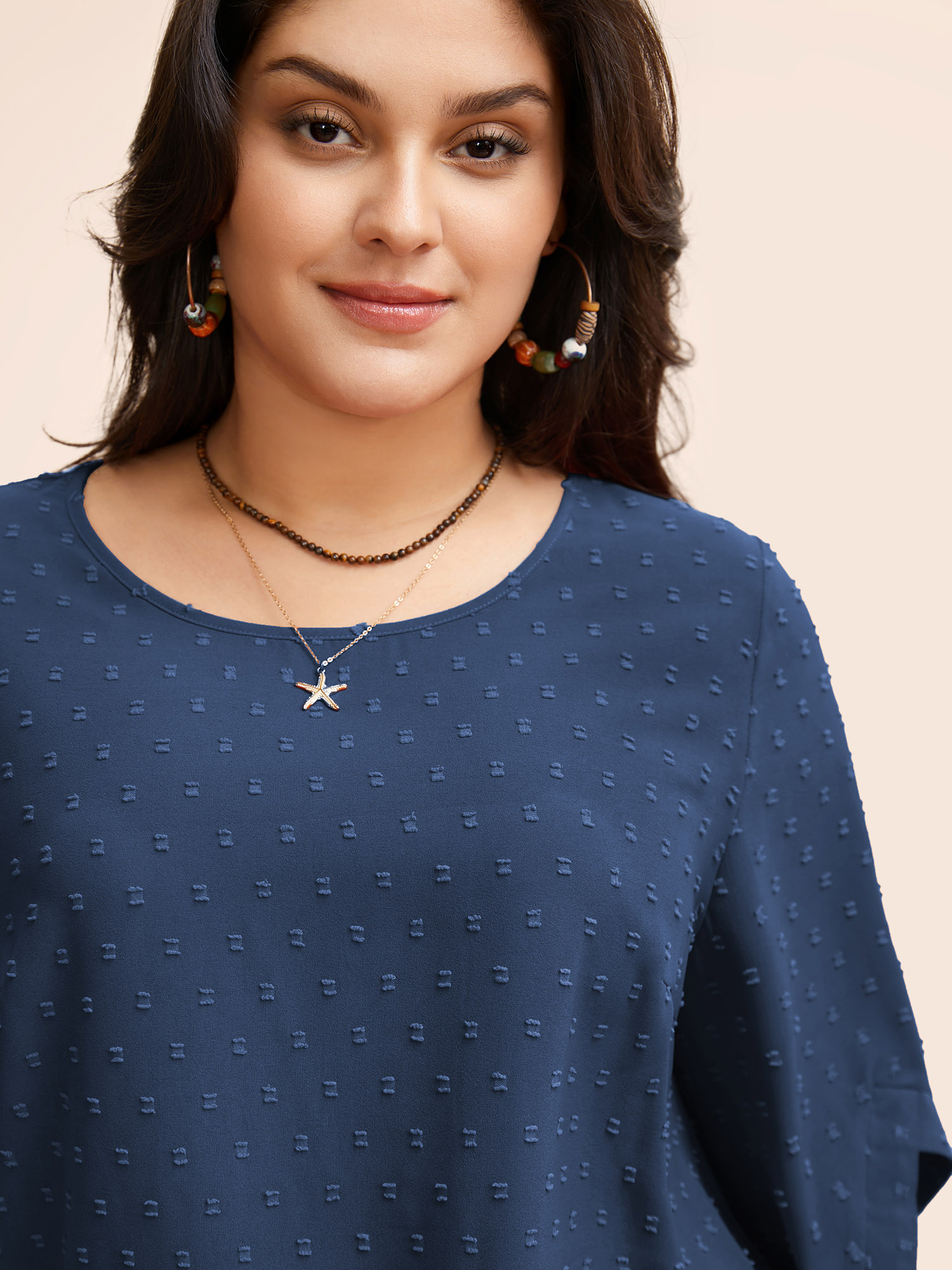Plus Size Indigo Textured Round Neck Bell Sleeve Blouse Women Elegant Elbow-length sleeve Round Neck Everyday Blouses BloomChic 28/5X 