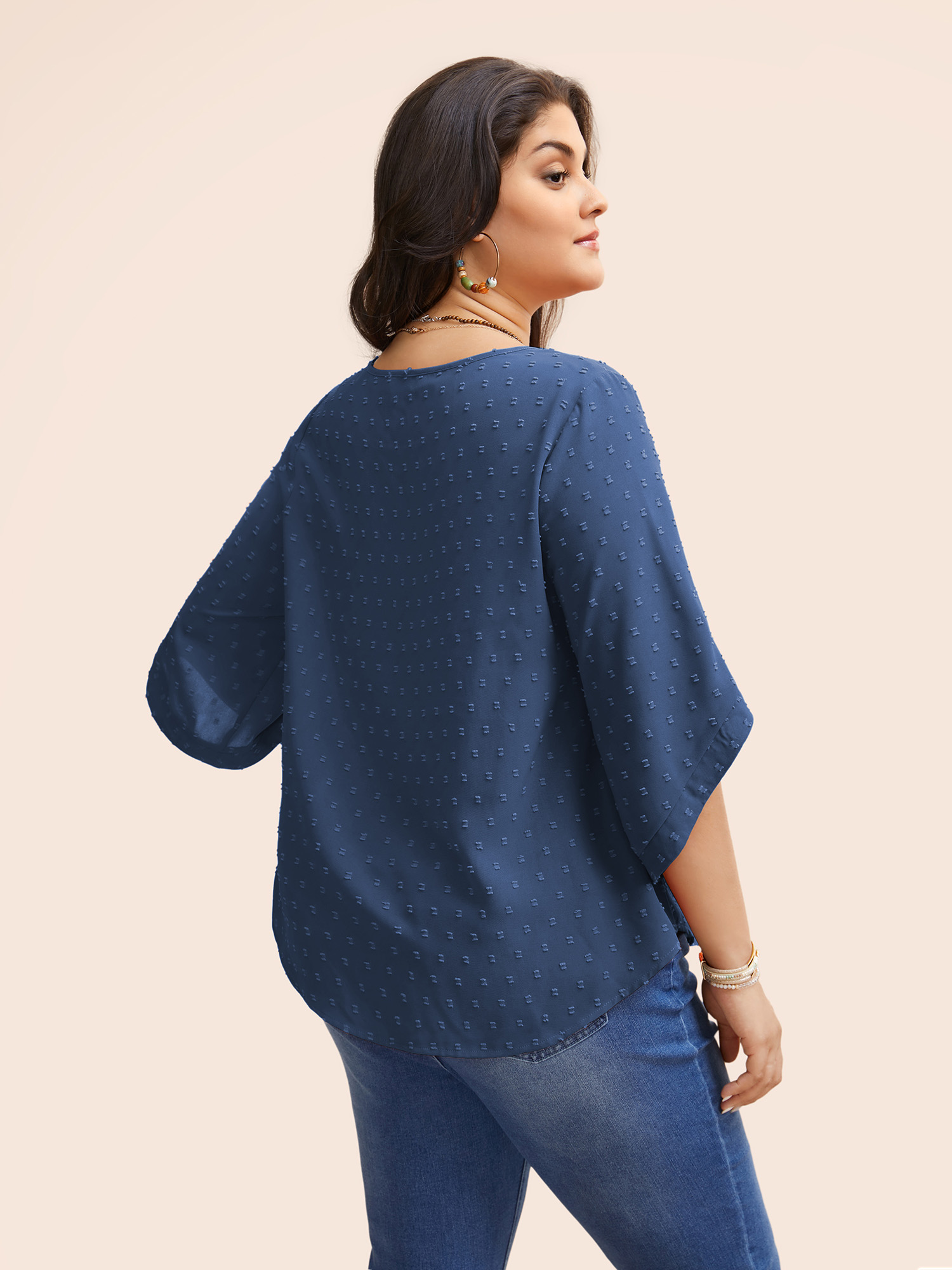 Plus Size Indigo Textured Round Neck Bell Sleeve Blouse Women Elegant Elbow-length sleeve Round Neck Everyday Blouses BloomChic 28/5X 