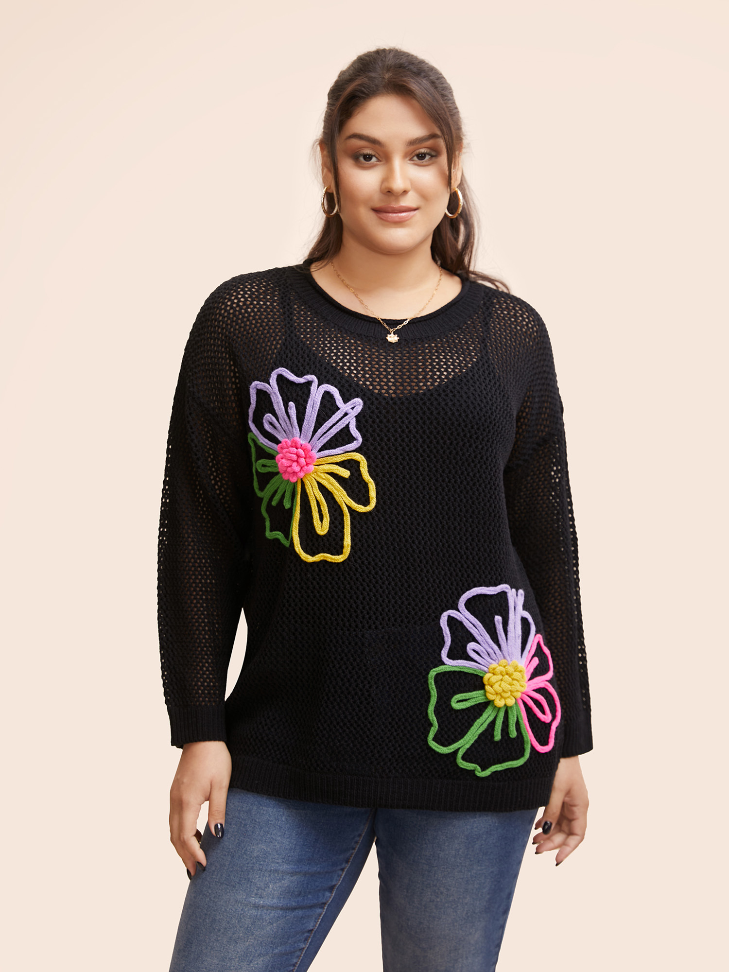 

Plus Size Crochet Floral Contrast Texture Pullover Black Women Casual Long Sleeve Round Neck Everyday Pullovers BloomChic