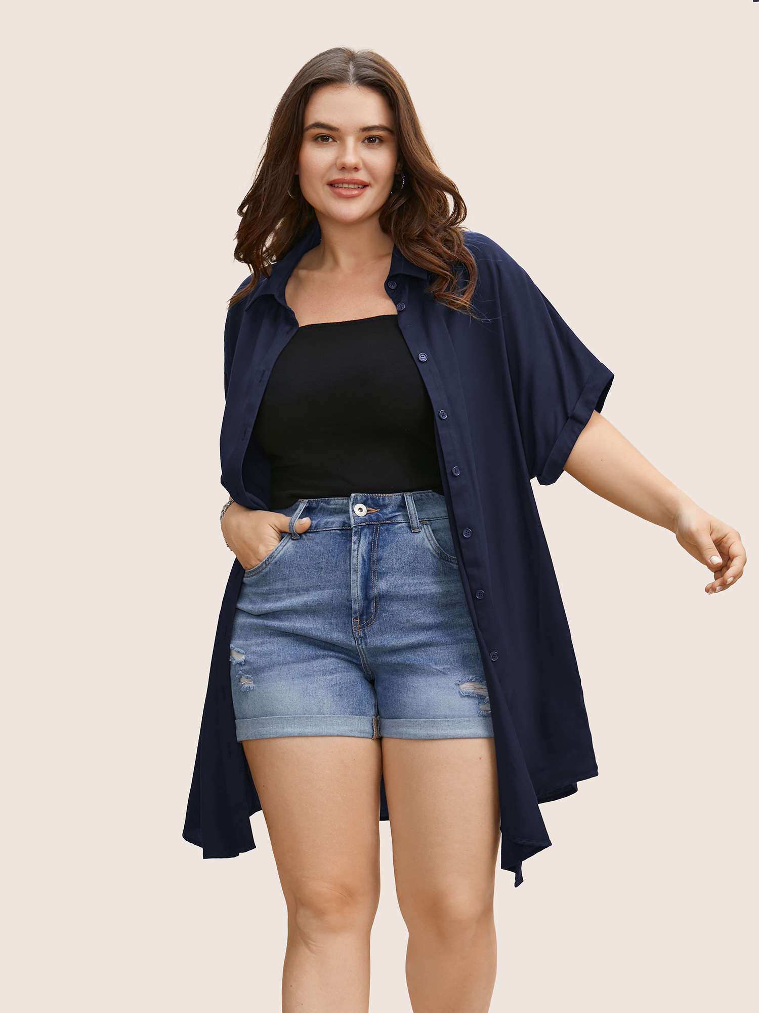 

Plus Size Midnight Rayon Shirt Collar Cuffed Sleeve Pocket Blouse Women Casual Short sleeve Shirt collar Everyday Blouses BloomChic