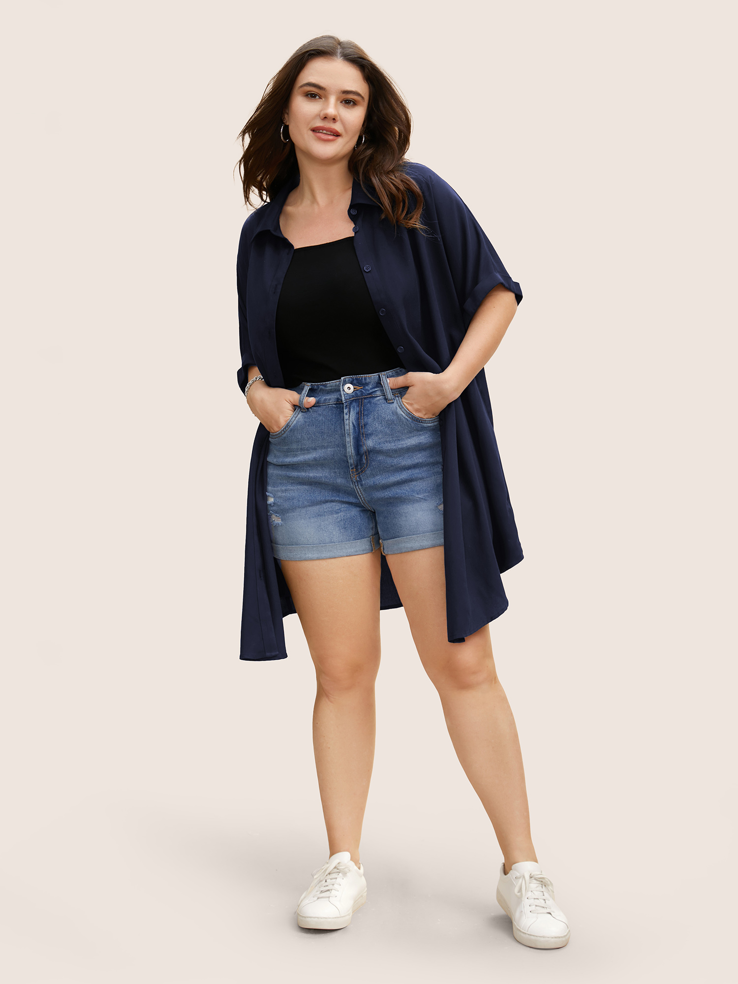 Plus Size Midnight Rayon Shirt Collar Cuffed Sleeve Pocket Blouse Women Casual Short sleeve Shirt collar Everyday Blouses BloomChic 10/M 