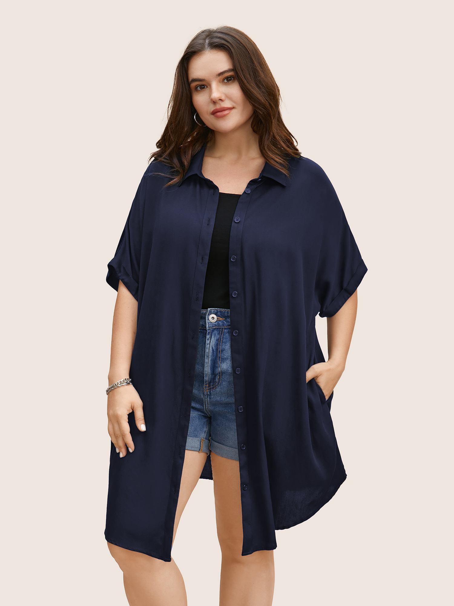 Plus Size Midnight Rayon Shirt Collar Cuffed Sleeve Pocket Blouse Women Casual Short sleeve Shirt collar Everyday Blouses BloomChic 10/M 