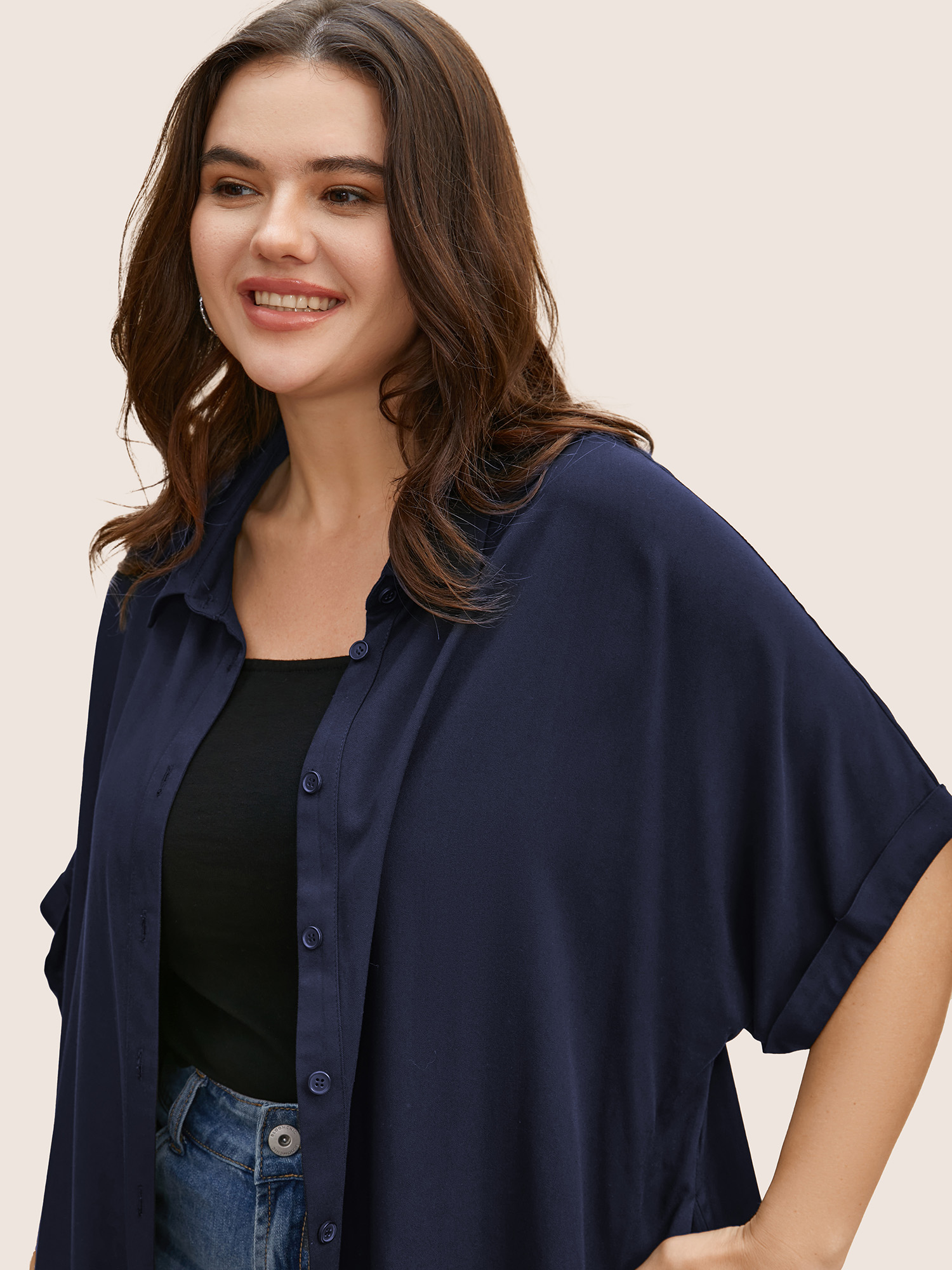 

Plus Size Midnight Rayon Shirt Collar Cuffed Sleeve Pocket Blouse Women Casual Short sleeve Shirt collar Everyday Blouses BloomChic