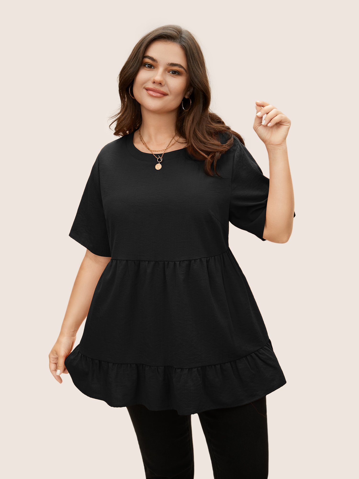 

Plus Size Black Solid Crew Neck Ruffle Hem Blouse Women Casual Short sleeve Round Neck Everyday Blouses BloomChic