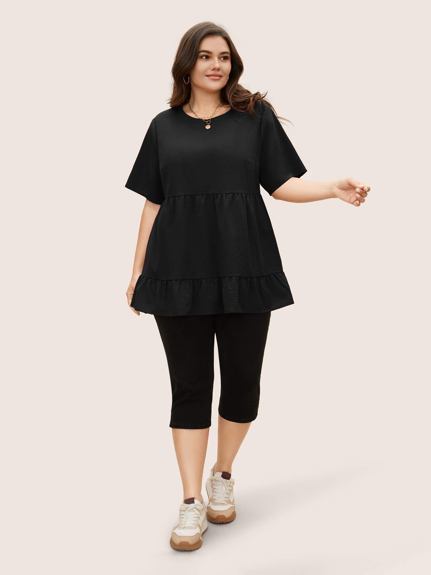 Plus Size Black Solid Crew Neck Ruffle Hem Blouse Women Casual Short sleeve Round Neck Everyday Blouses BloomChic 18-20/2X 