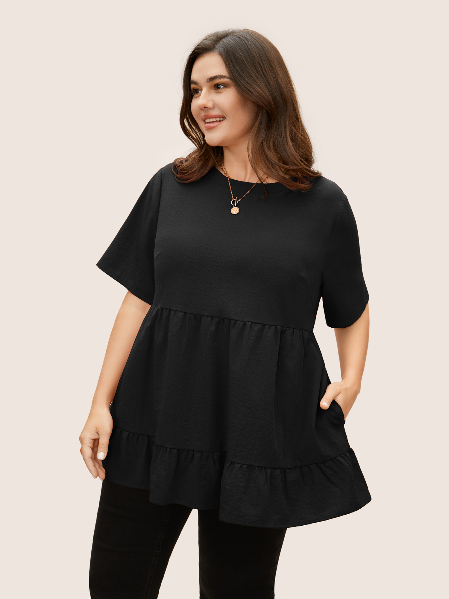 

Plus Size Black Solid Crew Neck Ruffle Hem Blouse Women Casual Short sleeve Round Neck Everyday Blouses BloomChic