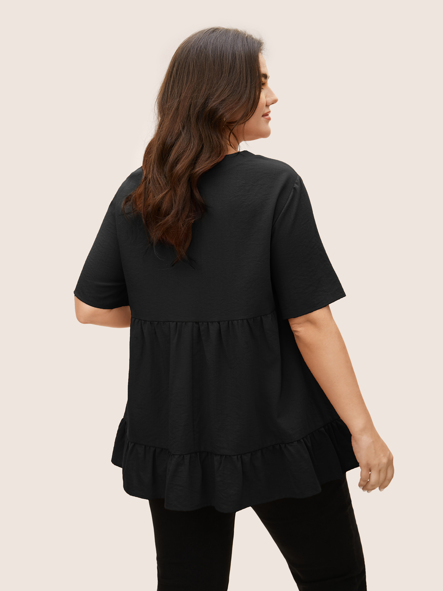 Plus Size Black Solid Crew Neck Ruffle Hem Blouse Women Casual Short sleeve Round Neck Everyday Blouses BloomChic 18-20/2X 
