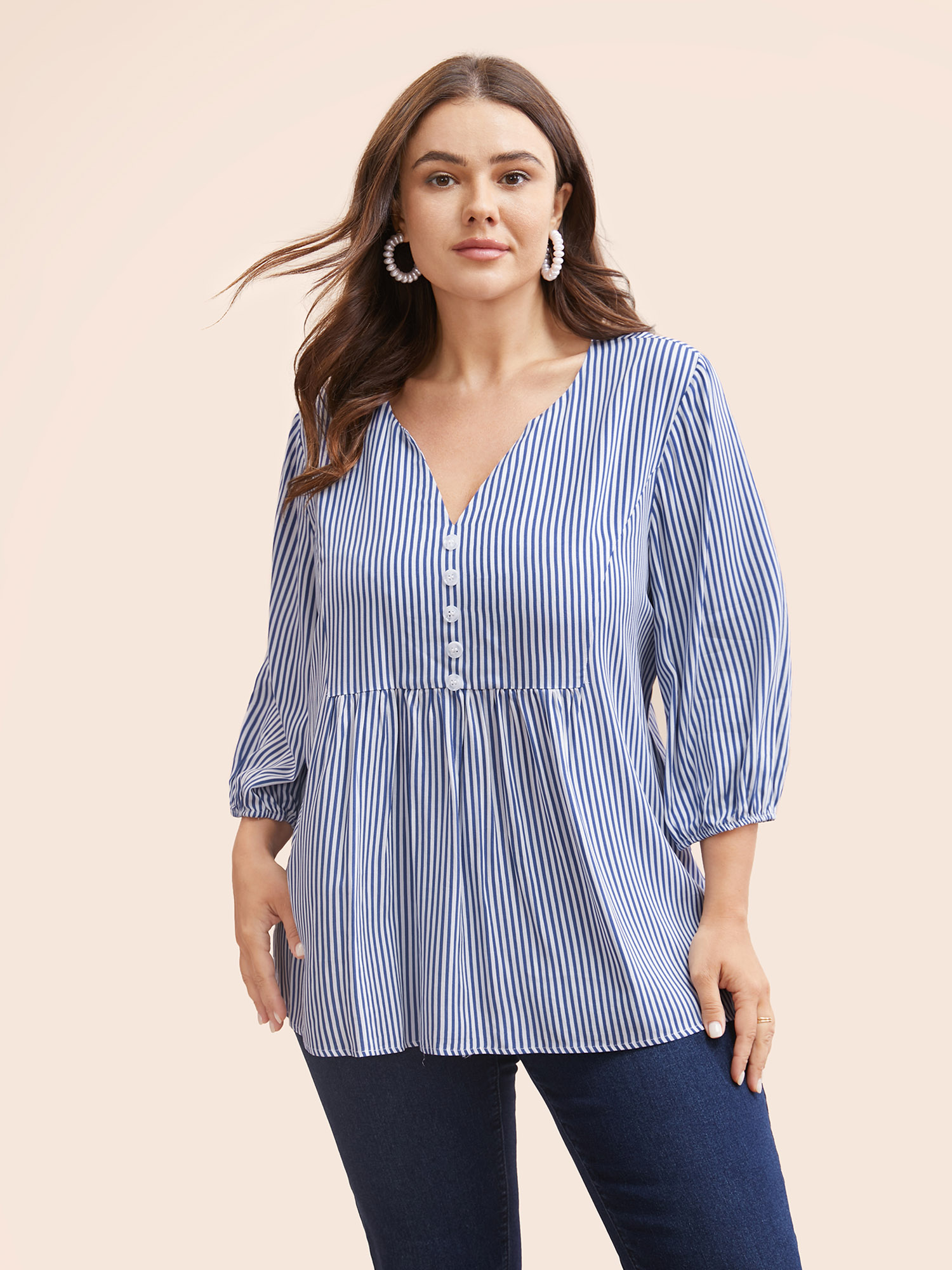 

Plus Size Navy Striped Gathered Button Detail Lantern Sleeve Blouse Women Elegant Elbow-length sleeve V-neck Everyday Blouses BloomChic