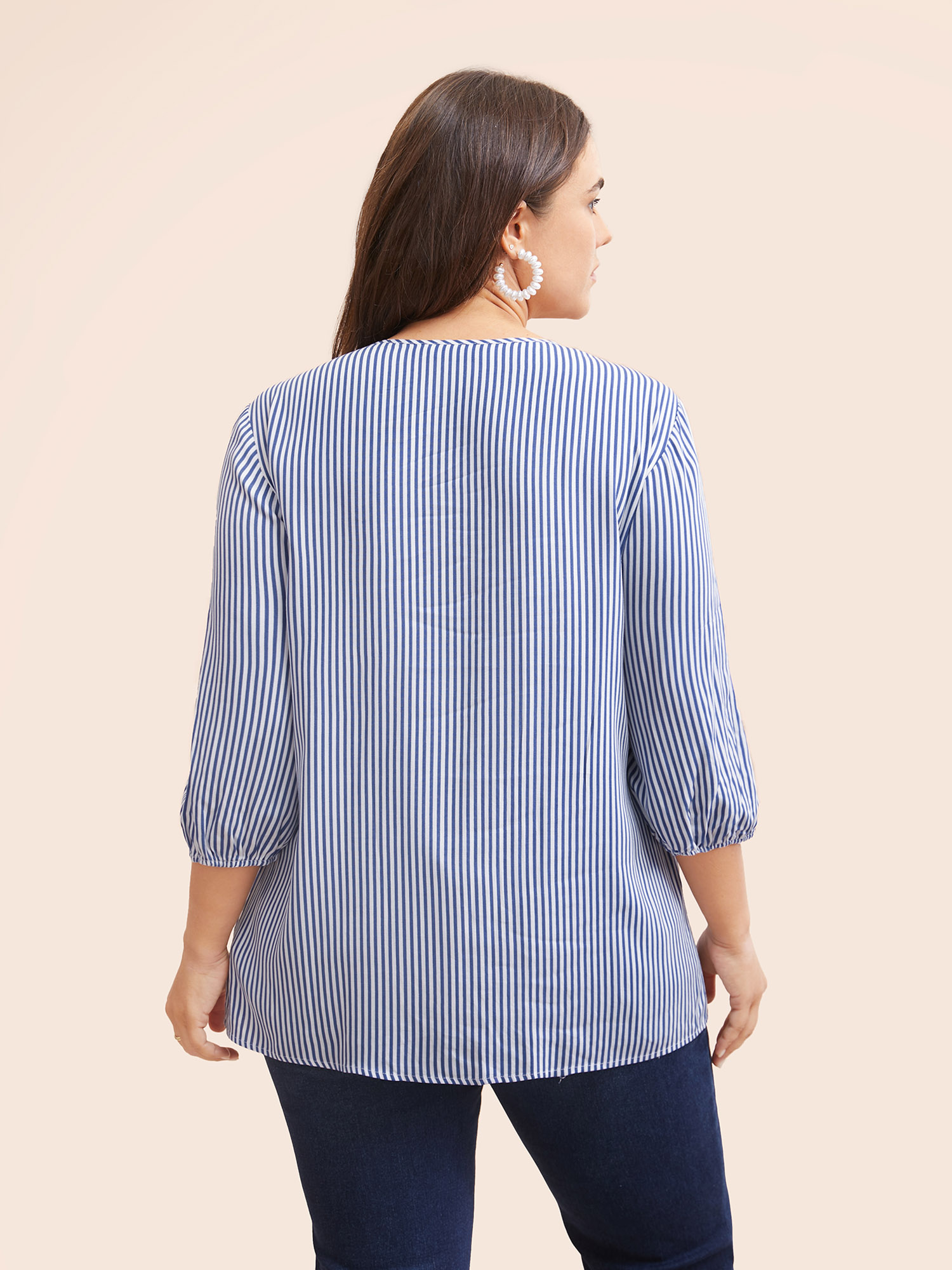 

Plus Size Navy Striped Gathered Button Detail Lantern Sleeve Blouse Women Elegant Elbow-length sleeve V-neck Everyday Blouses BloomChic