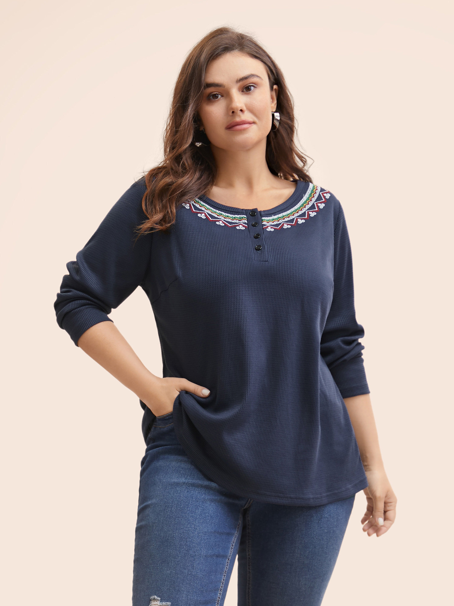 

Plus Size Bandana Embroidered Button Up T-shirt Indigo Women Casual Embroidered Art&design Round Neck Everyday T-shirts BloomChic