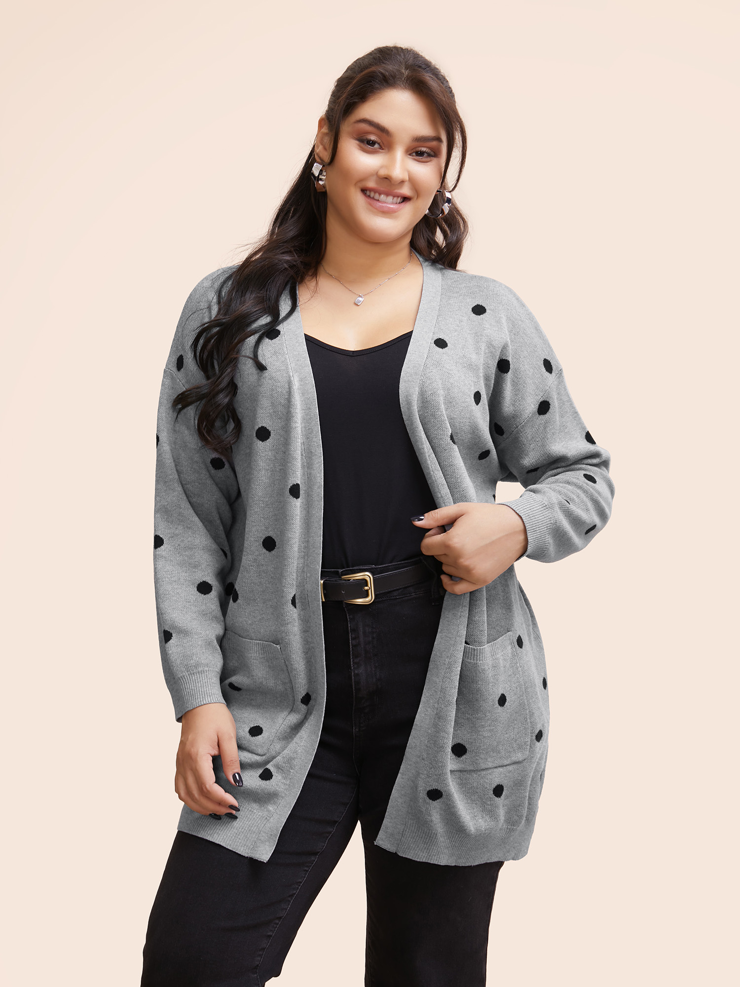 

Plus Size Polka Dot Kimono Collar Patch Pocket Cardigan Mediumgray Women Casual Loose Long Sleeve Everyday Cardigans BloomChic