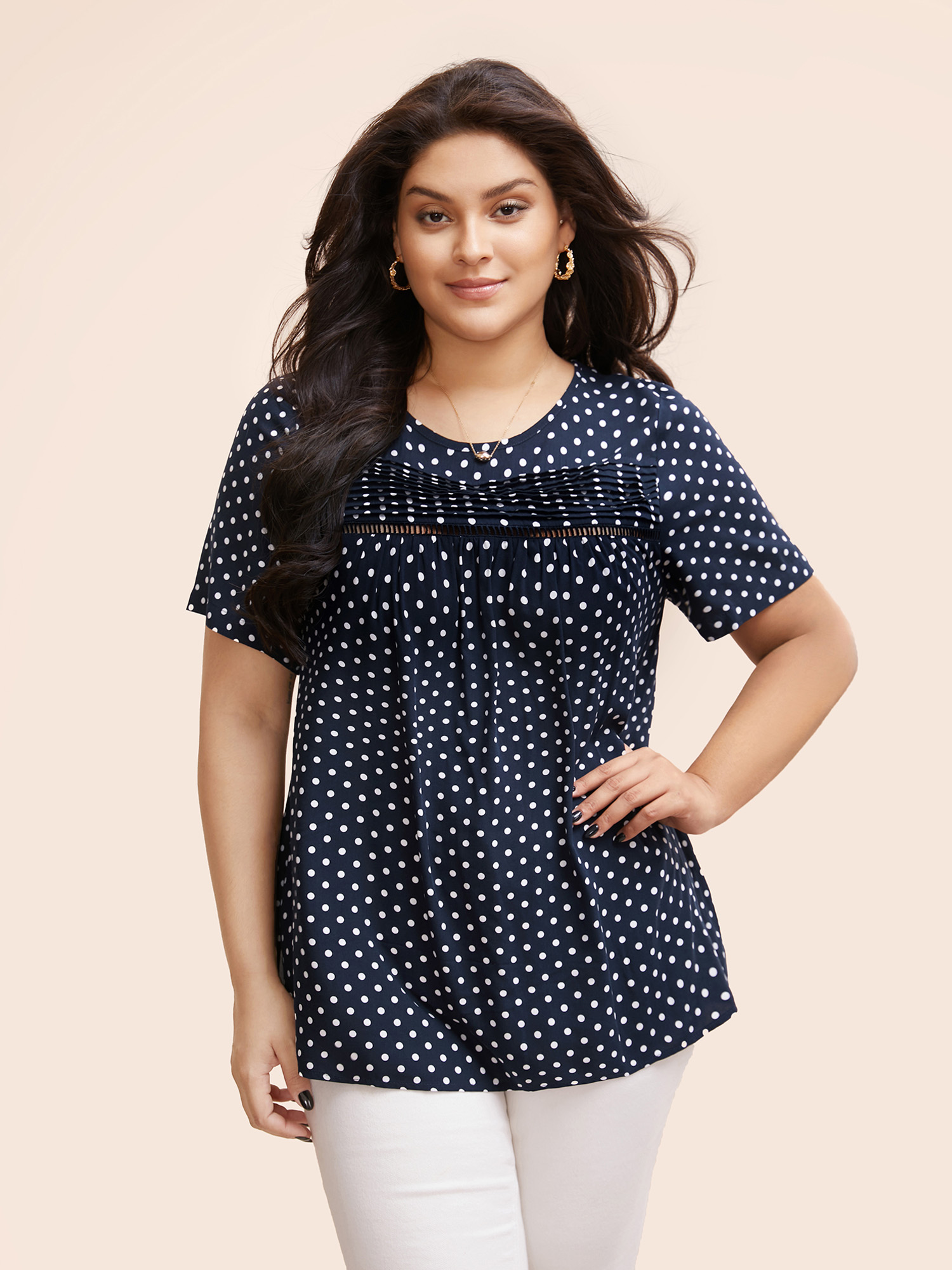 

Plus Size Indigo Polka Dot Split Hem Pleated Blouse Women Elegant Cap Sleeve Round Neck Everyday Blouses BloomChic