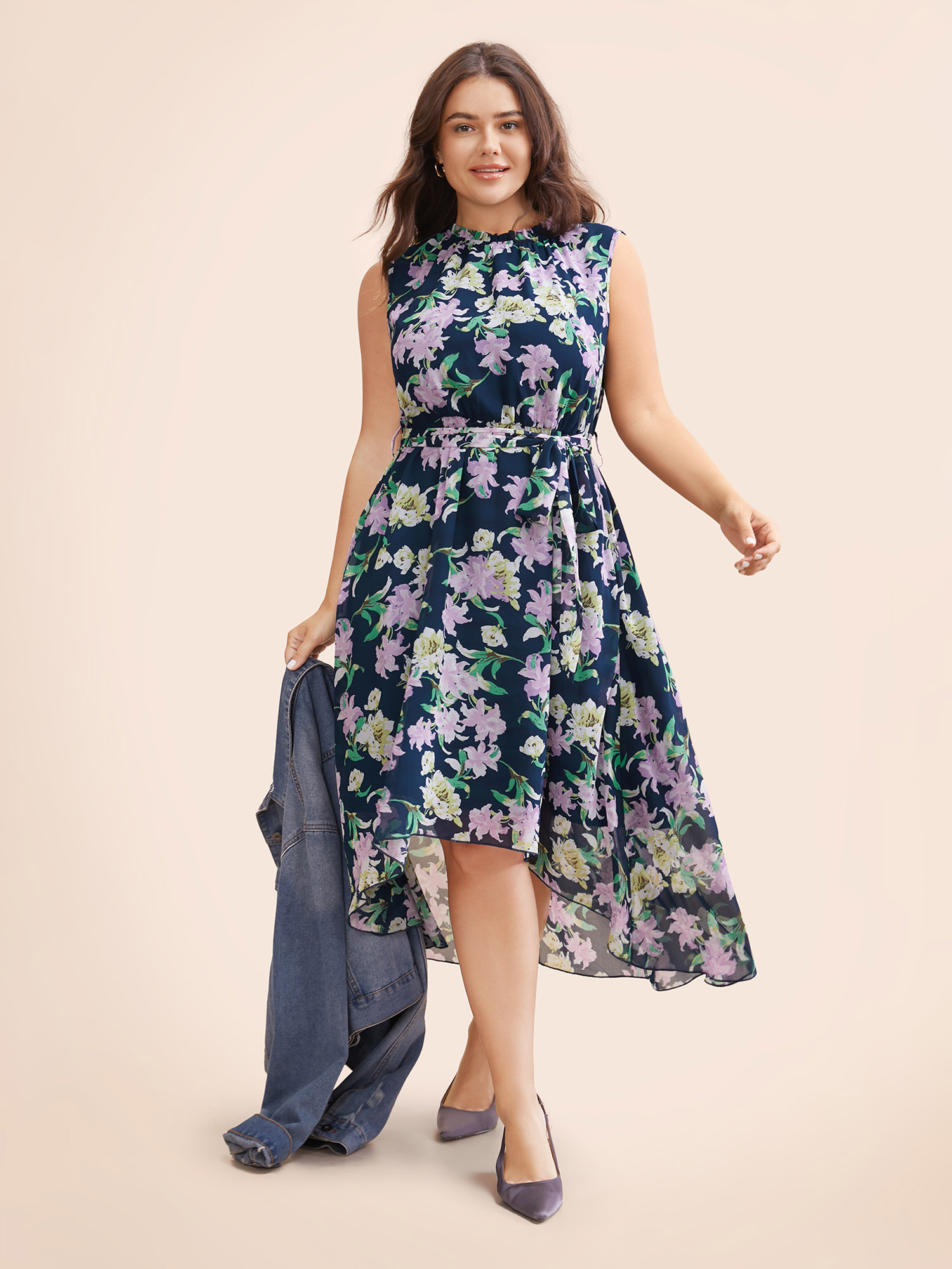 

Plus Size Floral Mock Neck Asymmetrical Hem Dress DarkBlue Women Elegant Belted Mock Neck Sleeveless Curvy BloomChic