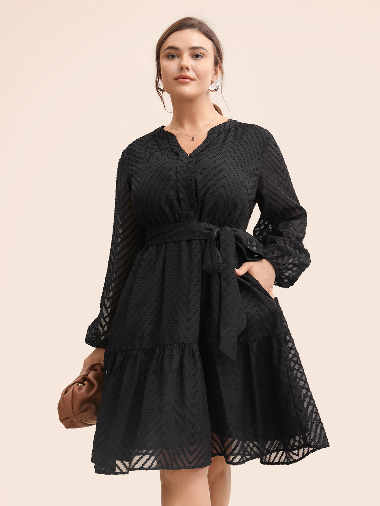 

Plus Size Textured Mesh Ruffle Hem Puff Sleeve Dress Black Women At the Office Texture V-neck Long Sleeve Curvy BloomChic