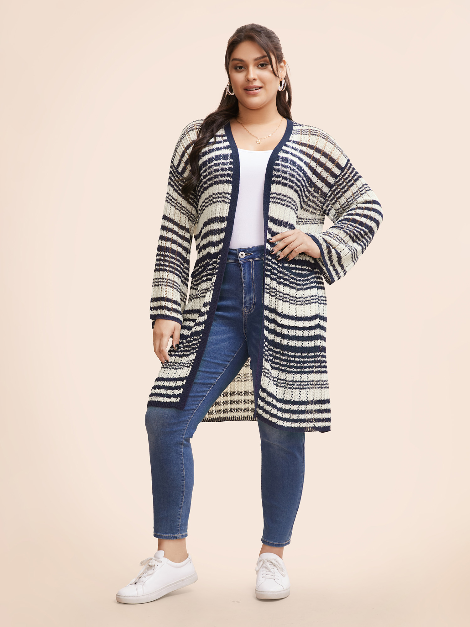 

Plus Size Striped Contrast Pocket Textured Cardigan Midnight Women Casual Loose Long Sleeve Everyday Cardigans BloomChic