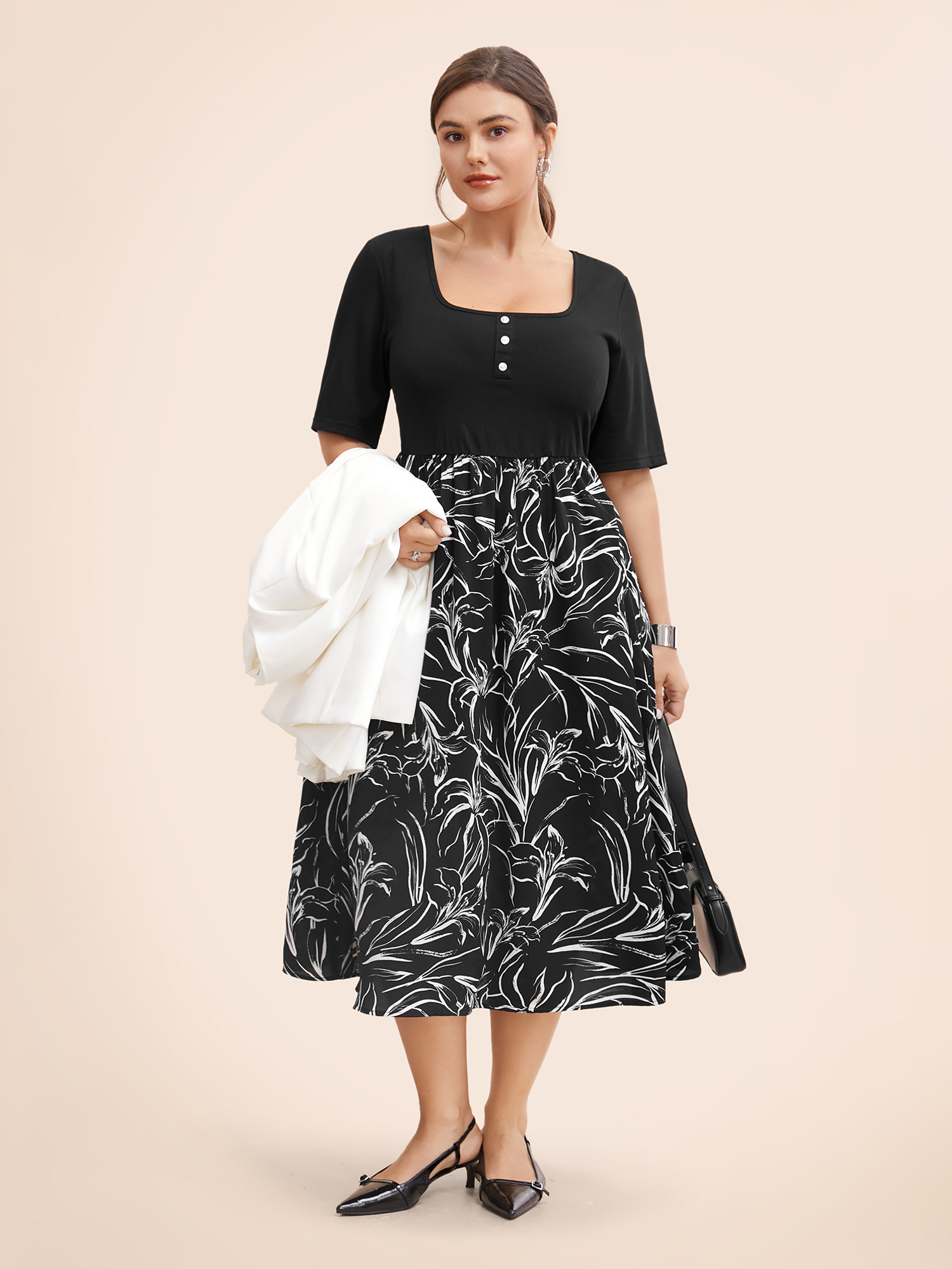 

Plus Size Floral Square Neck Patchwork Button Detail Dress Black Women At the Office Patchwork Square Neck Half Sleeve Curvy BloomChic