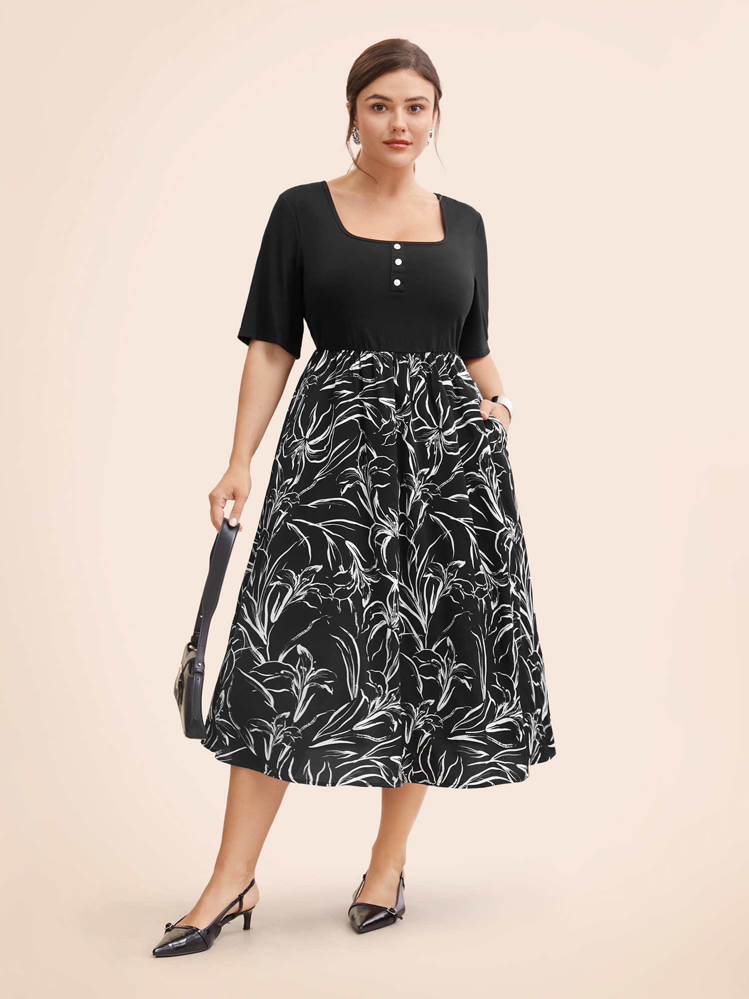 

Plus Size Floral Square Neck Patchwork Button Detail Dress Black Women At the Office Patchwork Square Neck Half Sleeve Curvy BloomChic