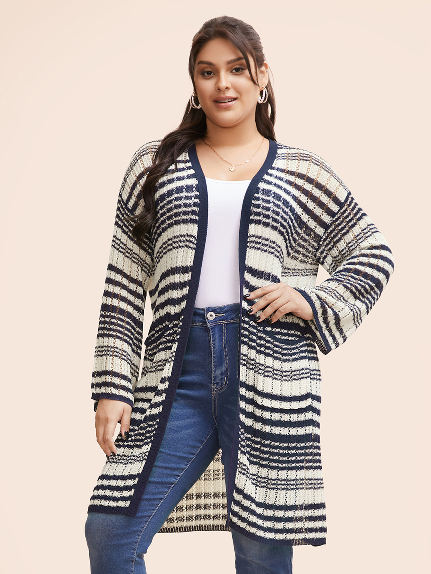 

Plus Size Striped Contrast Pocket Textured Cardigan Midnight Women Casual Loose Long Sleeve Everyday Cardigans BloomChic