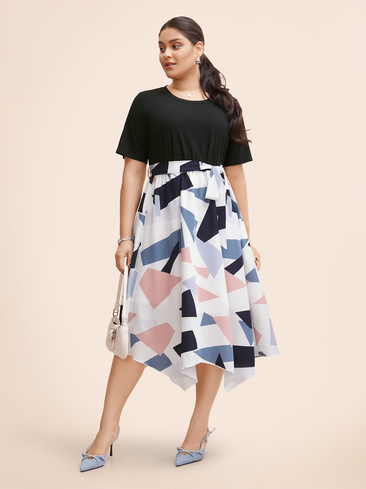 

Plus Size Geometric Patchwork Asymmetrical Hem Midi Dress Black Women At the Office Belted Round Neck Short sleeve Curvy BloomChic