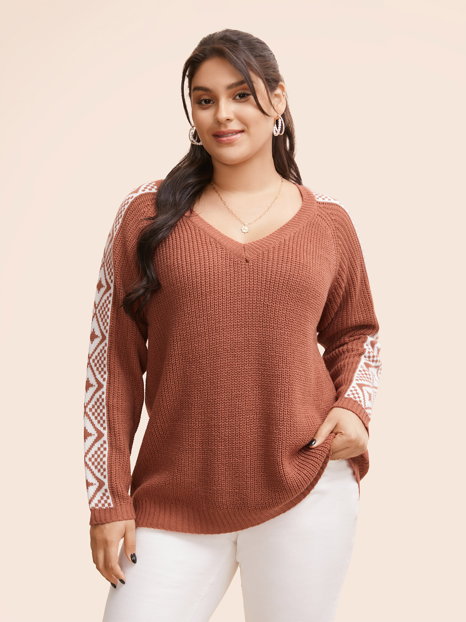 

Plus Size V Neck Bandana Raglan Sleeve Pullover Rust Women Resort Long Sleeve V-neck Vacation Pullovers BloomChic