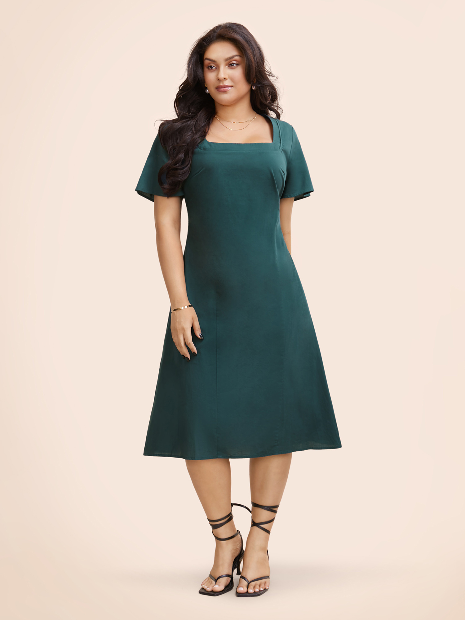 

Plus Size Square Neck Ruffle Sleeve Shirred Dress ArmyGreen Women Elegant Shirred Square Neck Short sleeve Curvy BloomChic