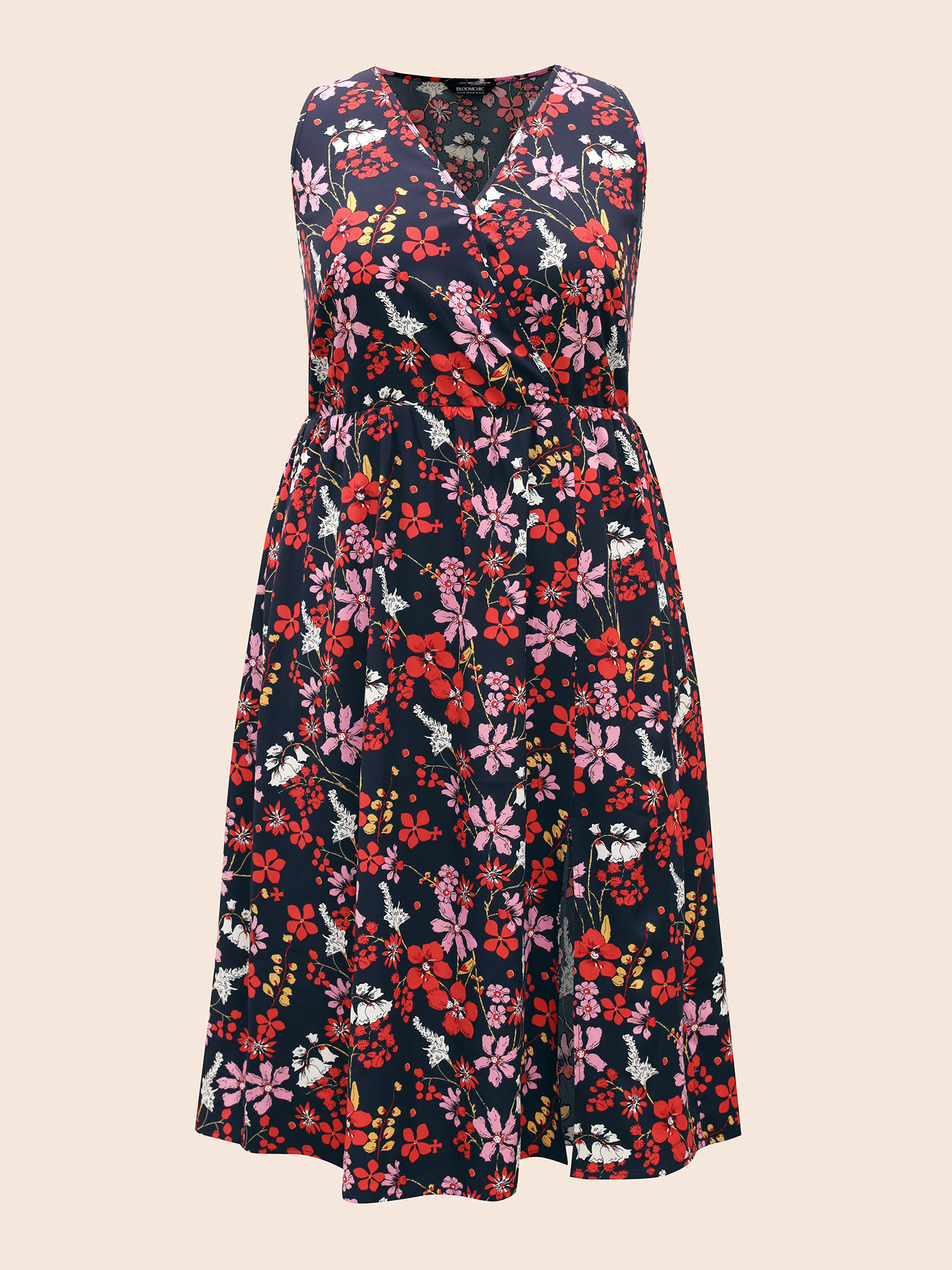 

Plus Size Floral Print Split Hem Sleeveless Dress DarkBlue Women Elegant Slit Overlap Collar Sleeveless Curvy BloomChic