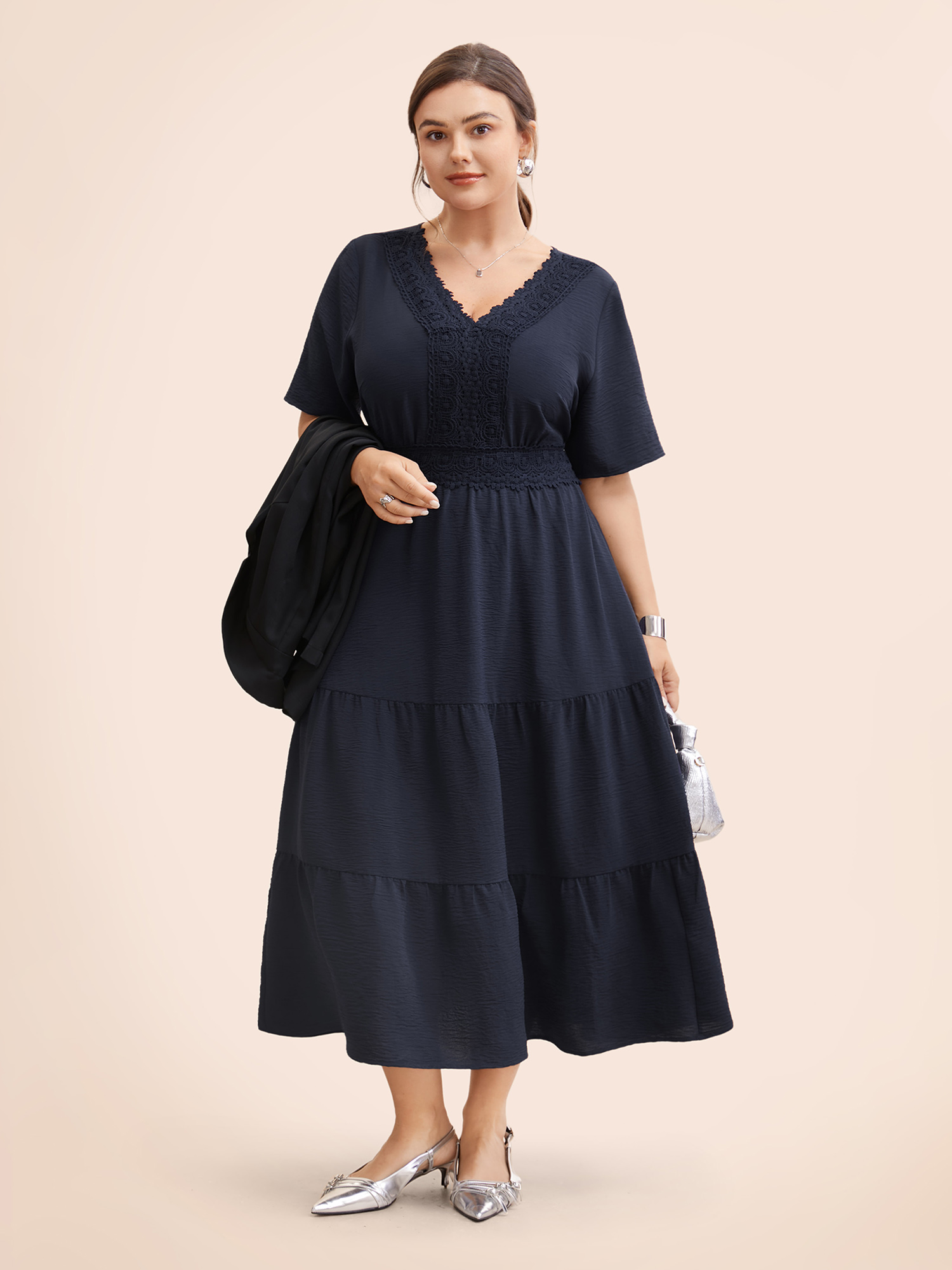 

Plus Size V Neck Crochet Lace Ruffle Layered Hem Dress DarkBlue Women Elegant Woven ribbon&lace trim V-neck Short sleeve Curvy BloomChic