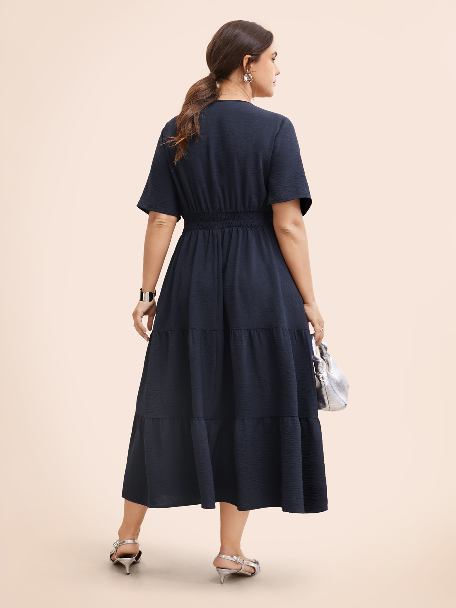 

Plus Size V Neck Woven Ribbon Ruffle Layered Hem Dress DarkBlue Women Elegant Woven ribbon&lace trim V-neck Short sleeve Curvy BloomChic