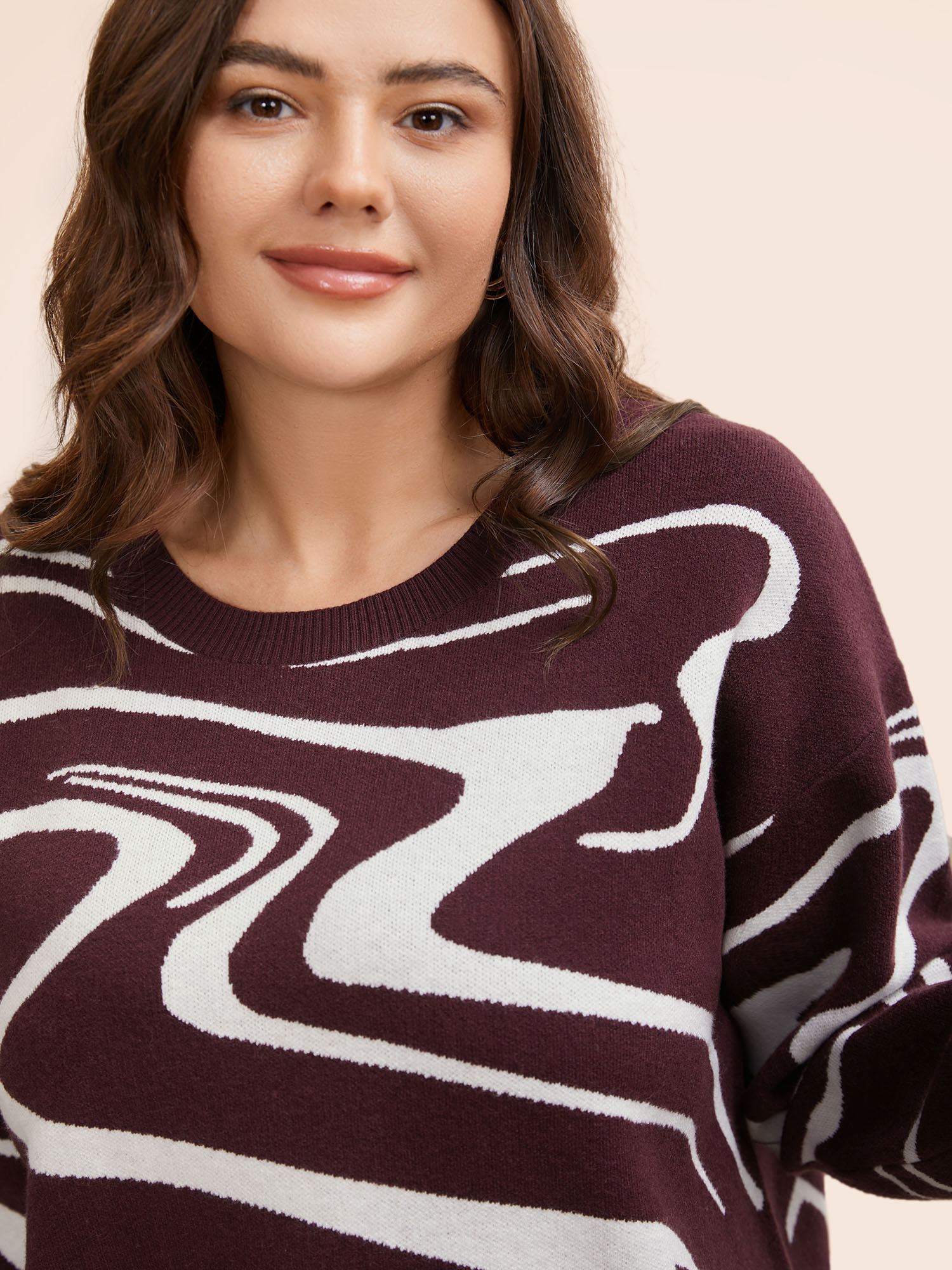 

Plus Size Water Ripple Contrast Drop Shoulder Pullover DarkBrown Women Casual Loose Long Sleeve Round Neck Everyday Pullovers BloomChic