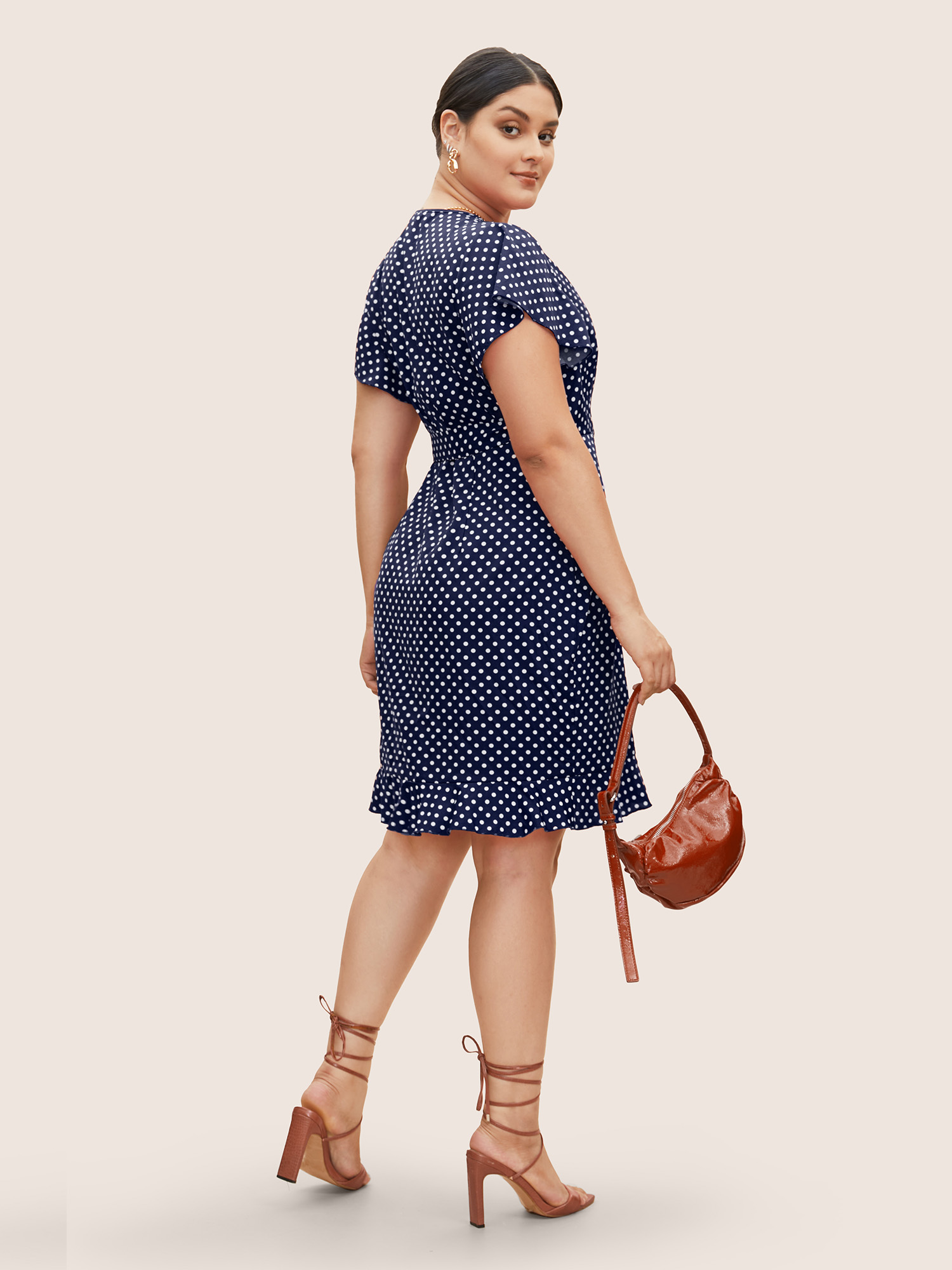 

Plus Size Polka Dot Wrap Ruffle Sleeve Tie Knot Dress Indigo Women Workwear Essentials Tie knot Overlap Collar Short sleeve Curvy BloomChic