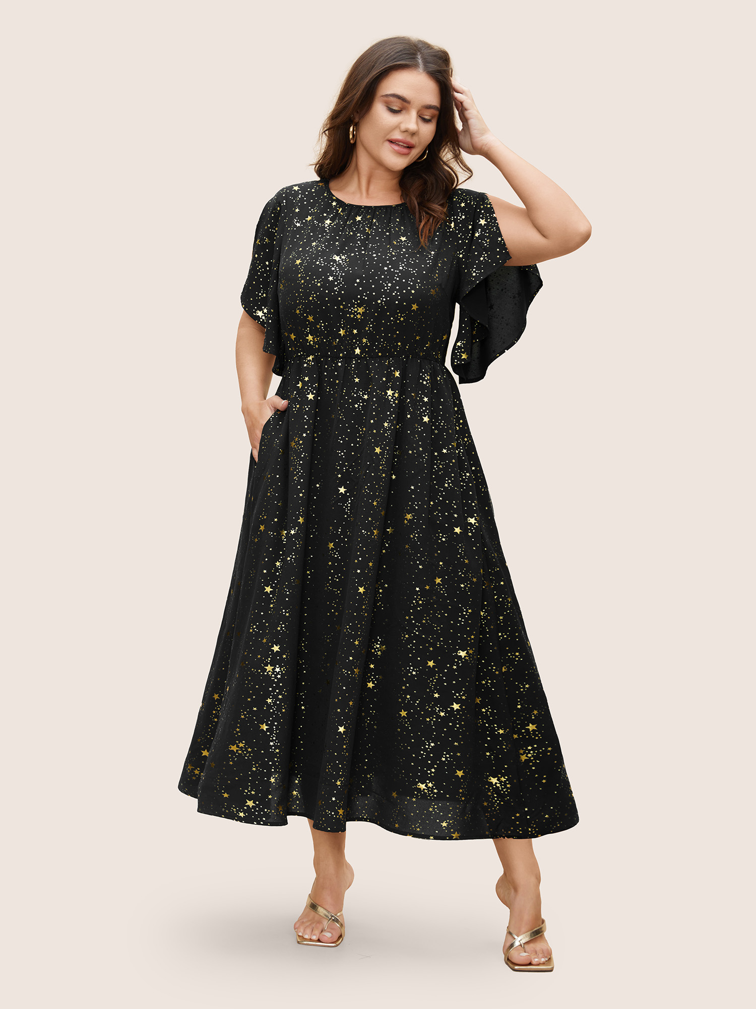 

Plus Size Glitter Star Split Sleeve Midi Dress Black Women Elegant Gathered Round Neck Short sleeve Curvy BloomChic