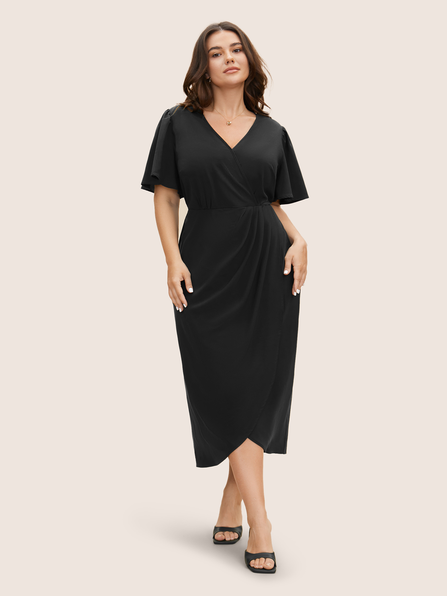 

Plus Size Solid Pleated Ruffle Sleeve Wrap Hem Dress Black Women Elegant Gathered Overlap Collar Short sleeve Curvy BloomChic