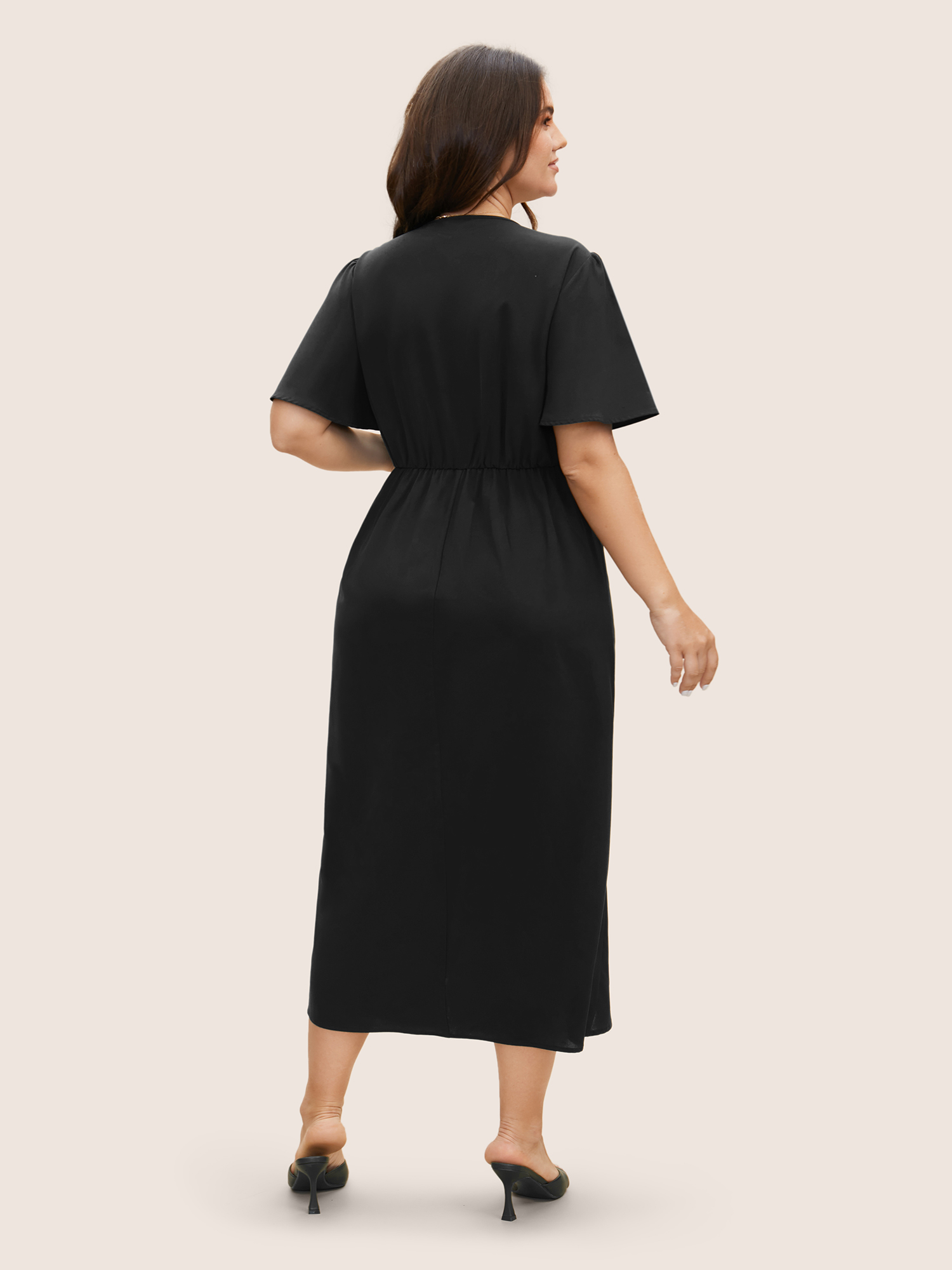 

Plus Size Solid Pleated Ruffle Sleeve Wrap Hem Dress Black Women Elegant Gathered Overlap Collar Short sleeve Curvy BloomChic