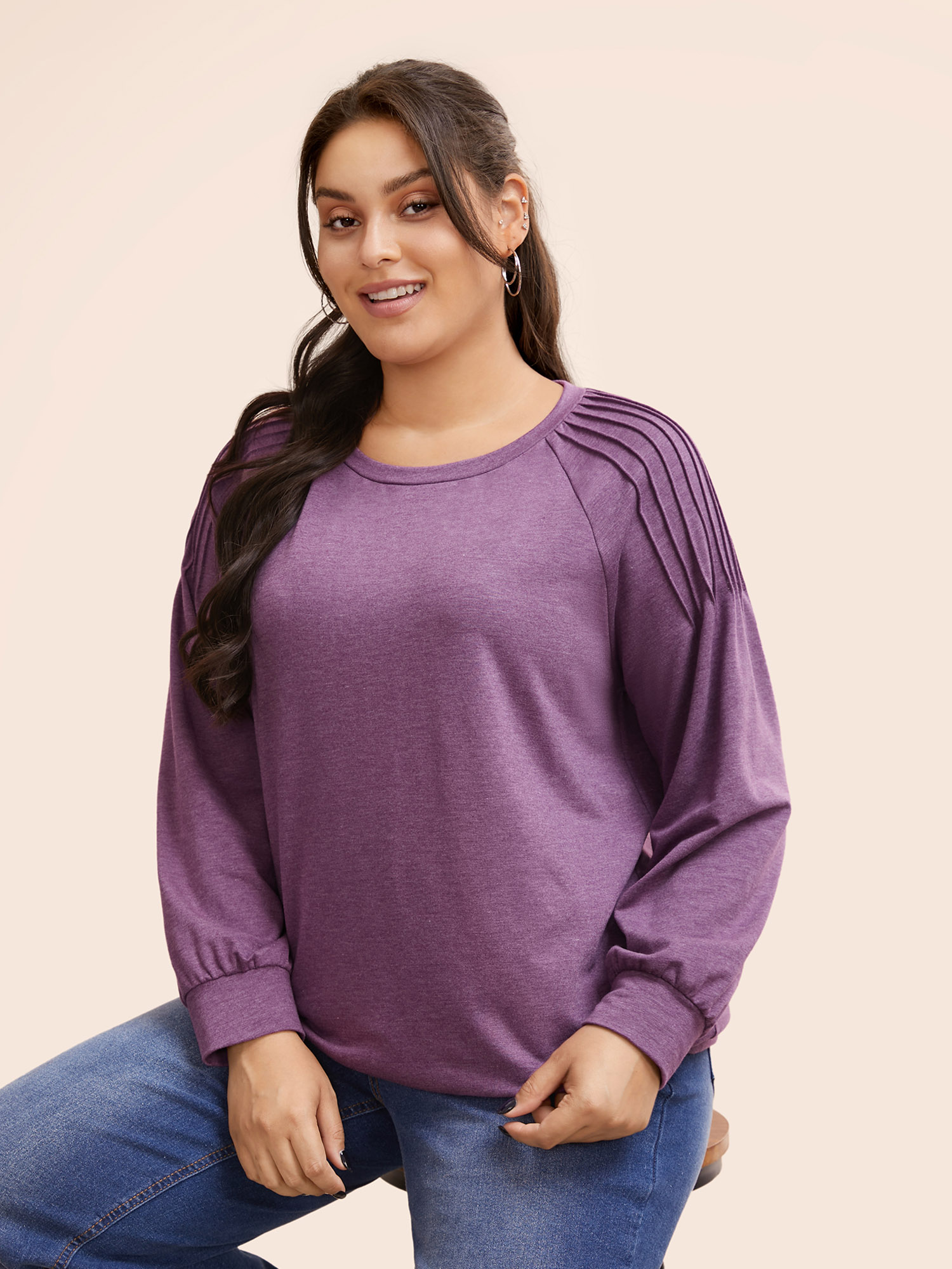 

Plus Size Solid Heather Raglan Sleeve Pleated Sweatshirt Women Deeppurplered Casual Pleated Round Neck Everyday Sweatshirts BloomChic