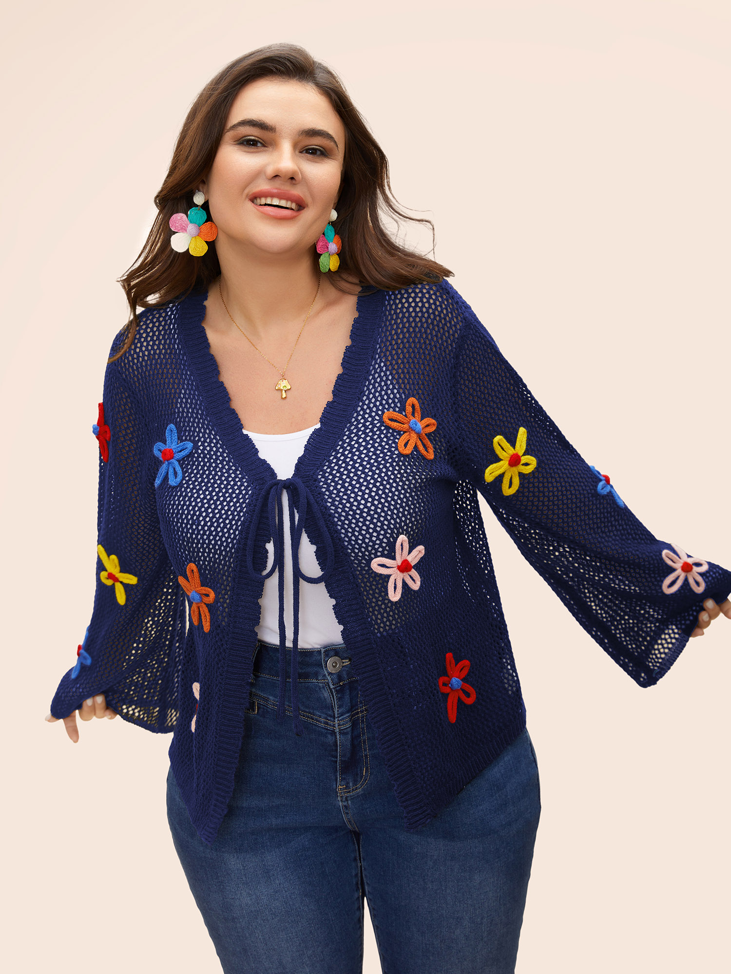 

Plus Size Knit Floral Front Tie Cardigan Indigo Women Casual Loose Long Sleeve Everyday Cardigans BloomChic