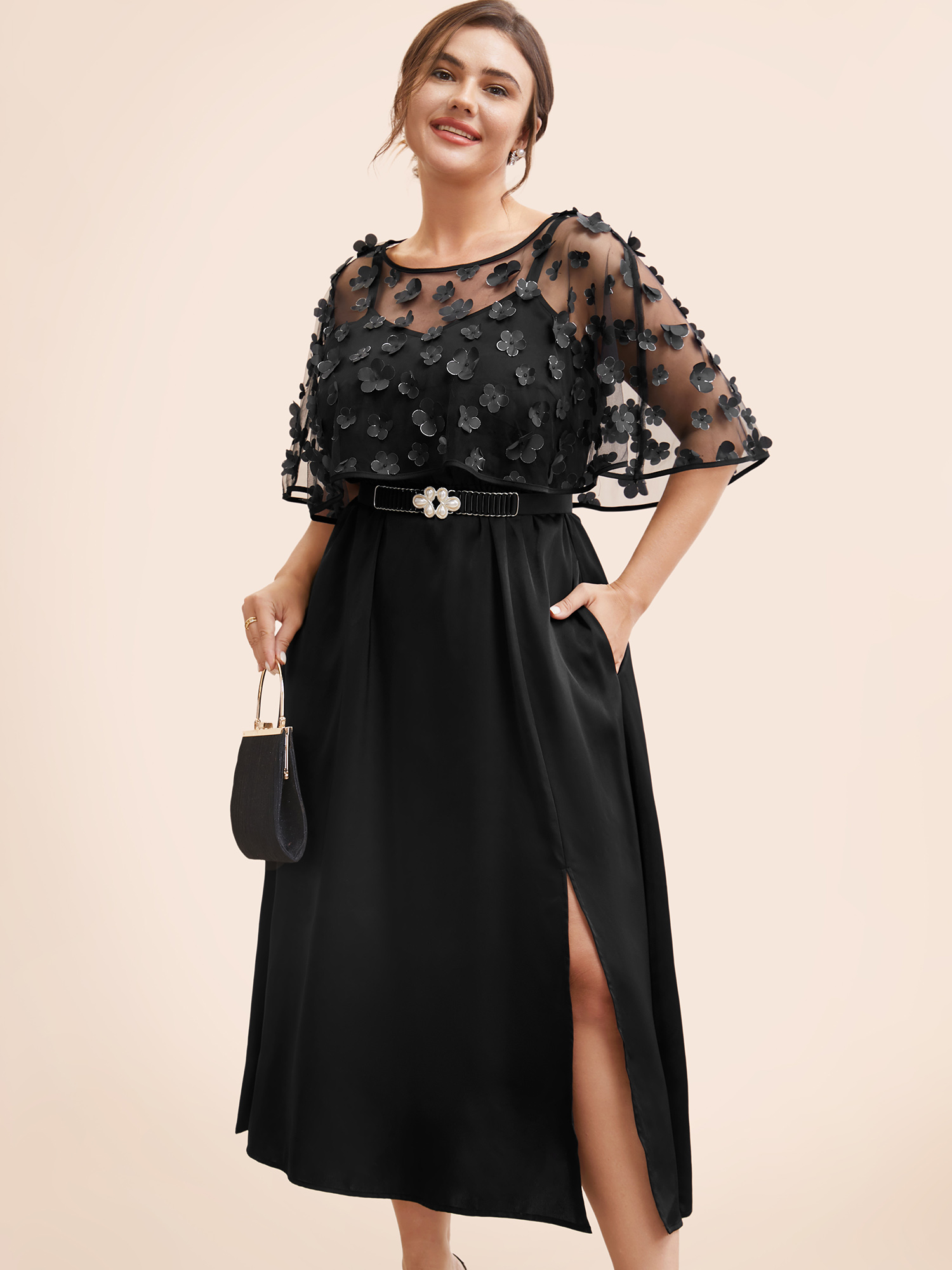 

Plus Size Appliques Mesh Split Hem Dolman Sleeve Dress Black Women Cocktail Texture Round Neck Short sleeve Curvy BloomChic