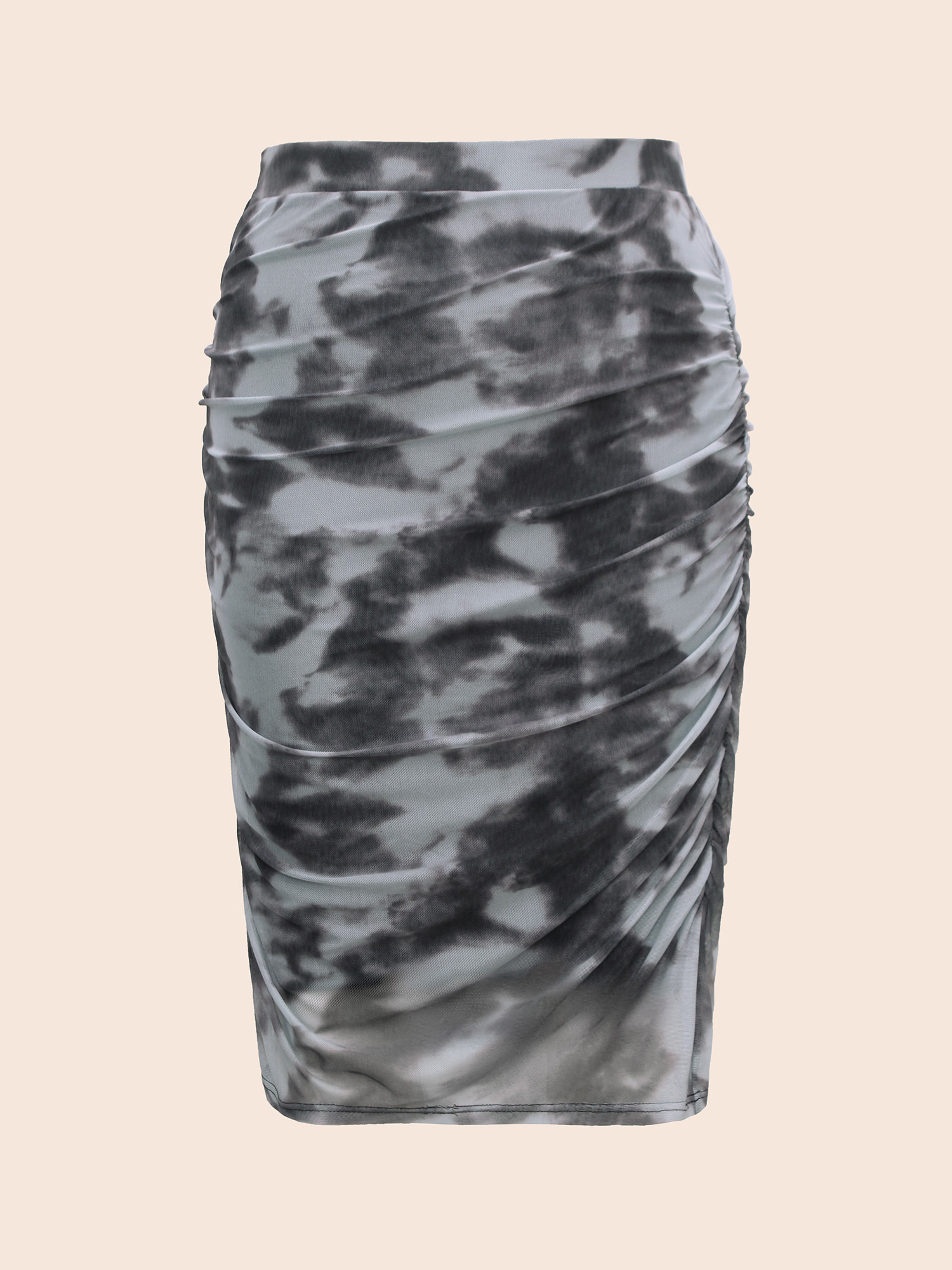 

Plus Size Marble Print Mesh Ruched Skirt Women SlateGray Casual Gathered Skinny Medium stretch Everyday Skirts BloomChic