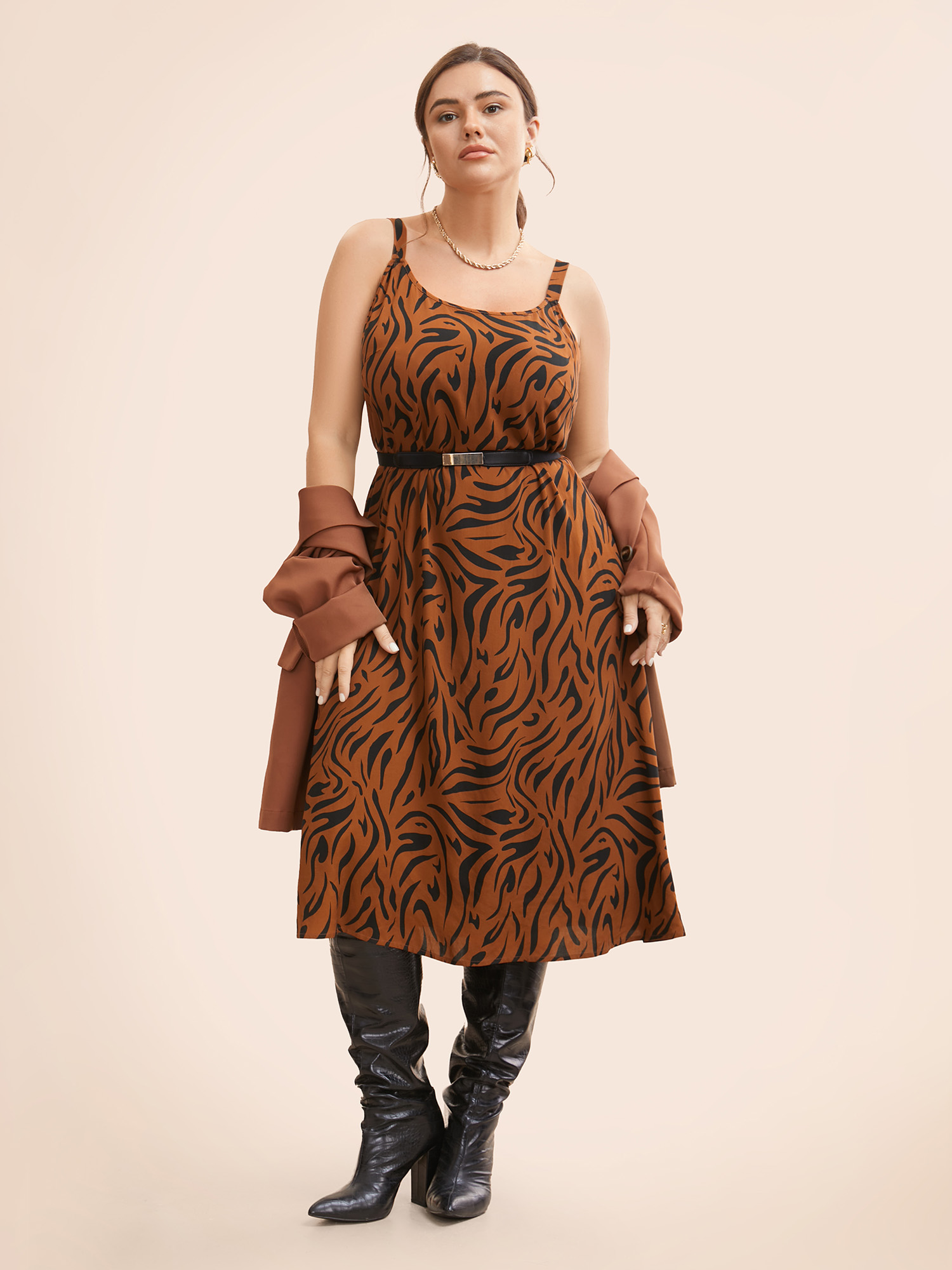 

Plus Size Leopard Print Cami Midi Dress Browncoffeecolor Women Workwear Essentials Non U-neck Sleeveless Curvy BloomChic