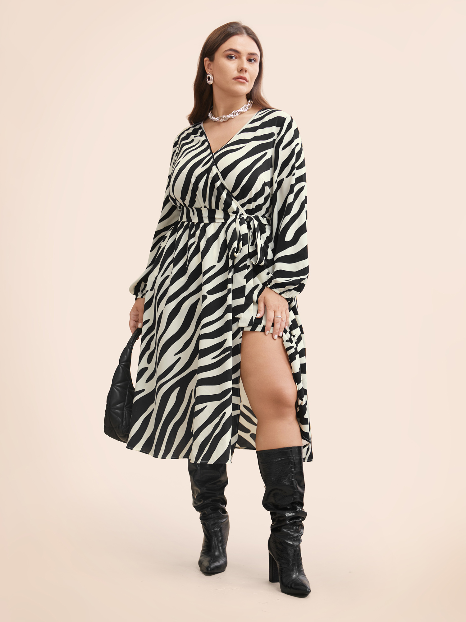 

Plus Size Zebra Print Overlap Collar Split Hem Dress Black Women At the Office Belted Overlap Collar Long Sleeve Curvy BloomChic