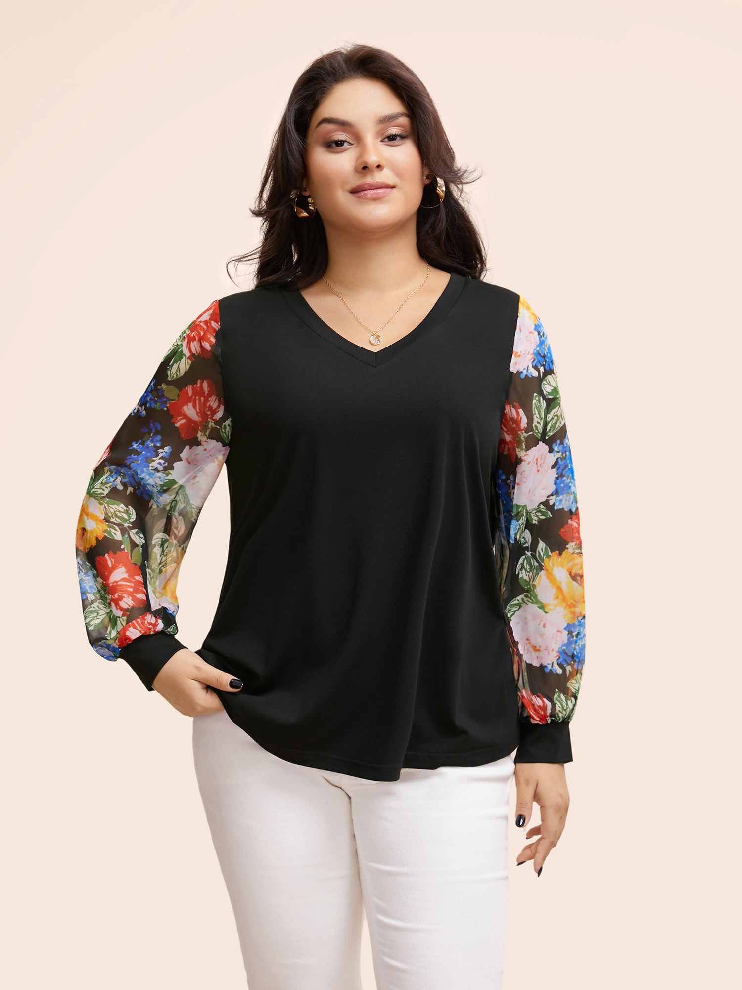 

Plus Size V Neck Floral Patchwork Mesh T-shirt Black V-neck Long Sleeve Elegant Jersey Tops