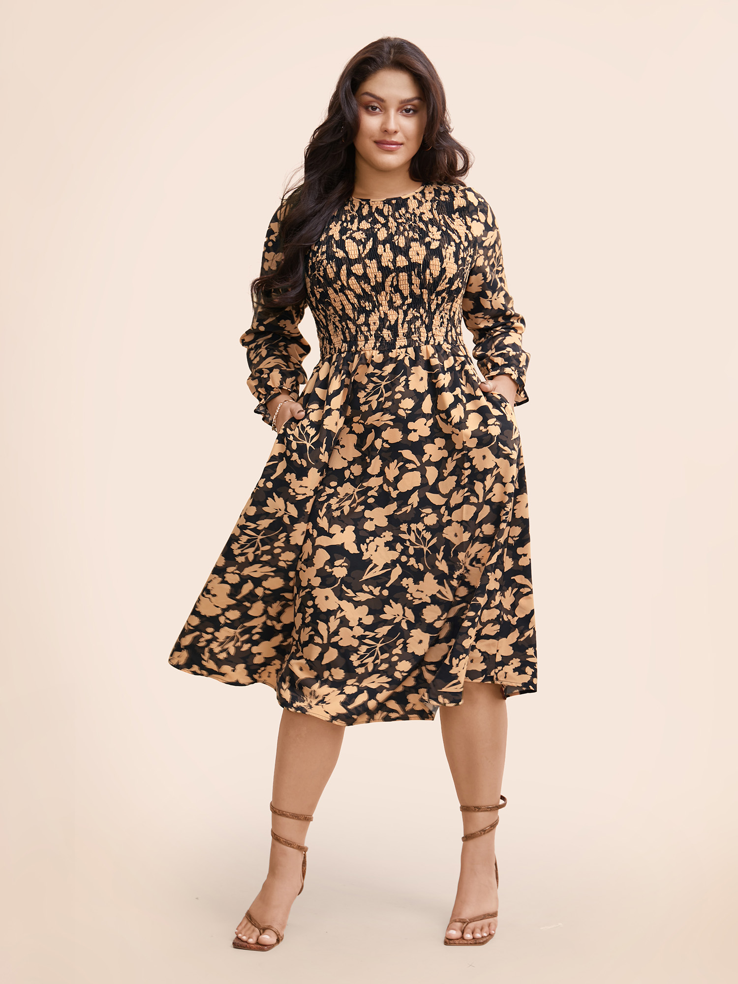 

Plus Size Silhouette Floral Print Shirred Frill Trim Dress Black Women Elegant Frill Trim Round Neck Long Sleeve Curvy BloomChic