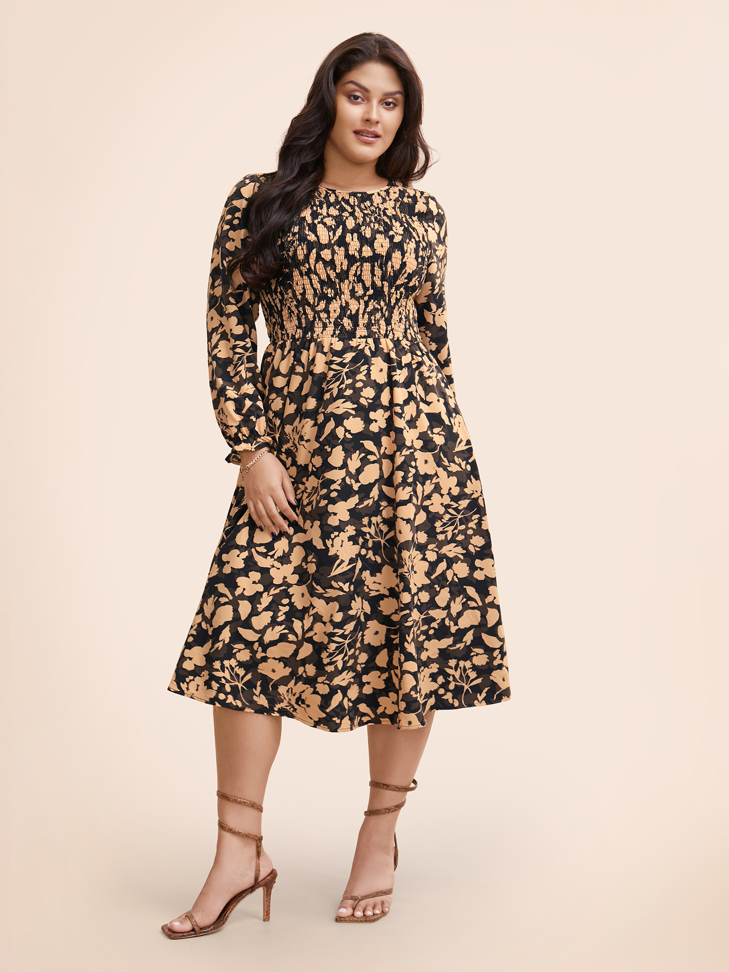 

Plus Size Silhouette Floral Print Shirred Frill Trim Dress Black Women Elegant Frill Trim Round Neck Long Sleeve Curvy BloomChic