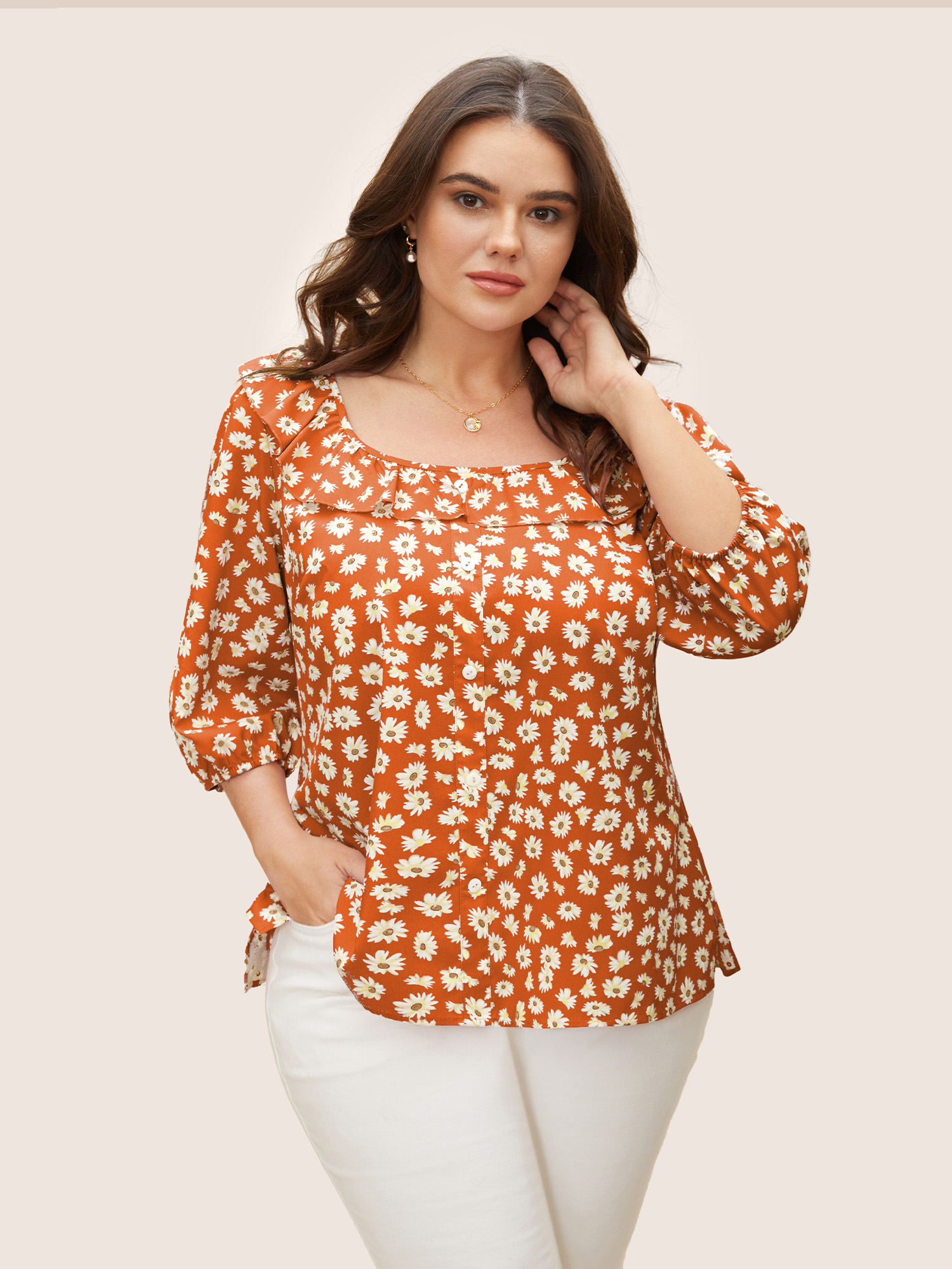 

Plus Size Brightorange Daisy Patterned Ruffled Collar Blouse Women Elegant Elbow-length sleeve Square Neck Everyday Blouses BloomChic