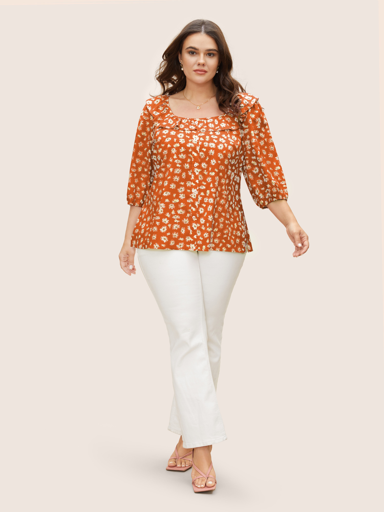 Plus Size Brightorange Daisy Patterned Ruffled Collar Blouse Women Elegant Elbow-length sleeve Square Neck Everyday Blouses BloomChic 18-20/2X 