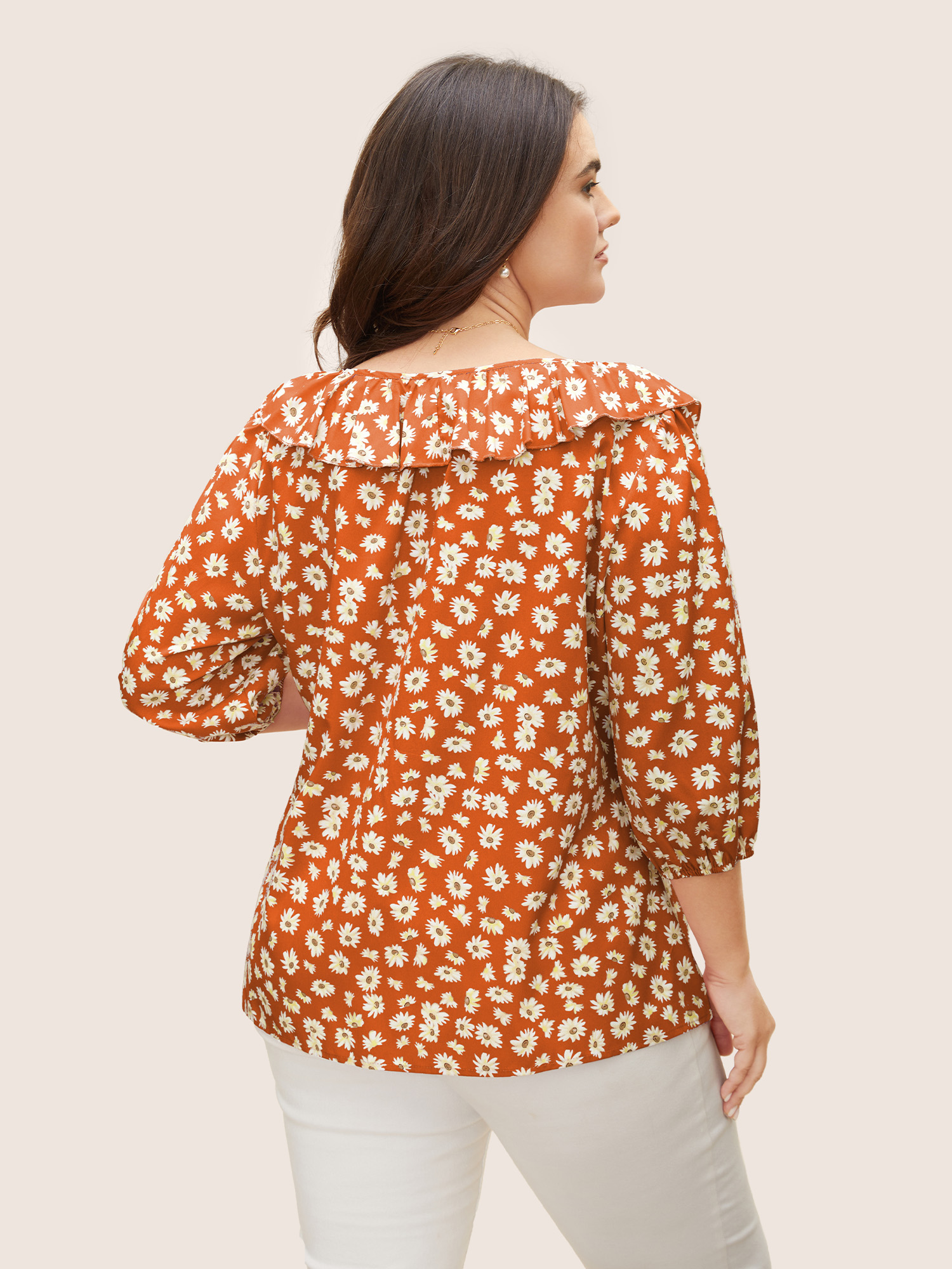 Plus Size Brightorange Daisy Patterned Ruffled Collar Blouse Women Elegant Elbow-length sleeve Square Neck Everyday Blouses BloomChic 18-20/2X 