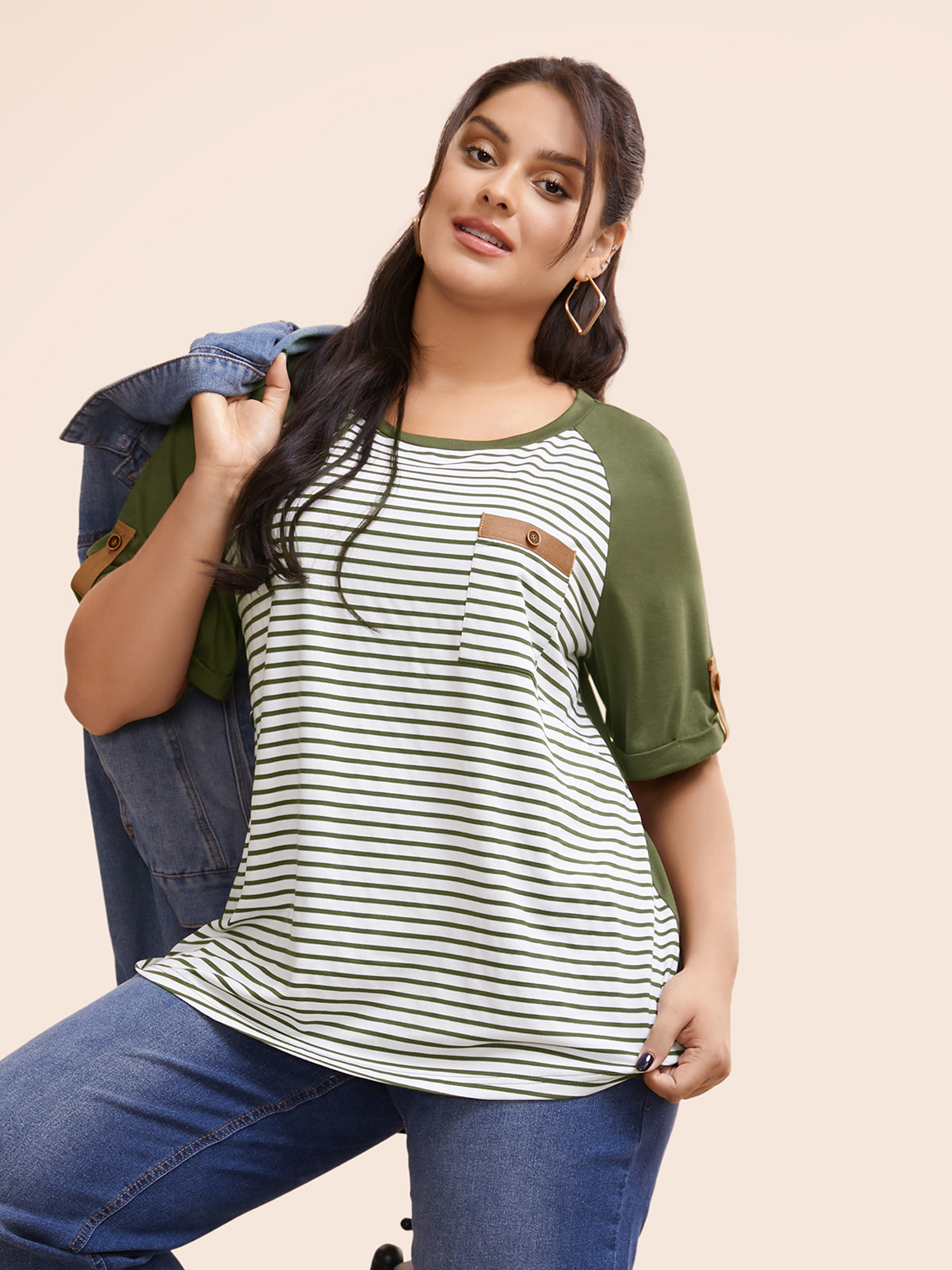 

Plus Size Striped Contrast Patched Pocket Roll Raglan Sleeve T-shirt ArmyGreen Women Casual Contrast Striped Round Neck Everyday T-shirts BloomChic