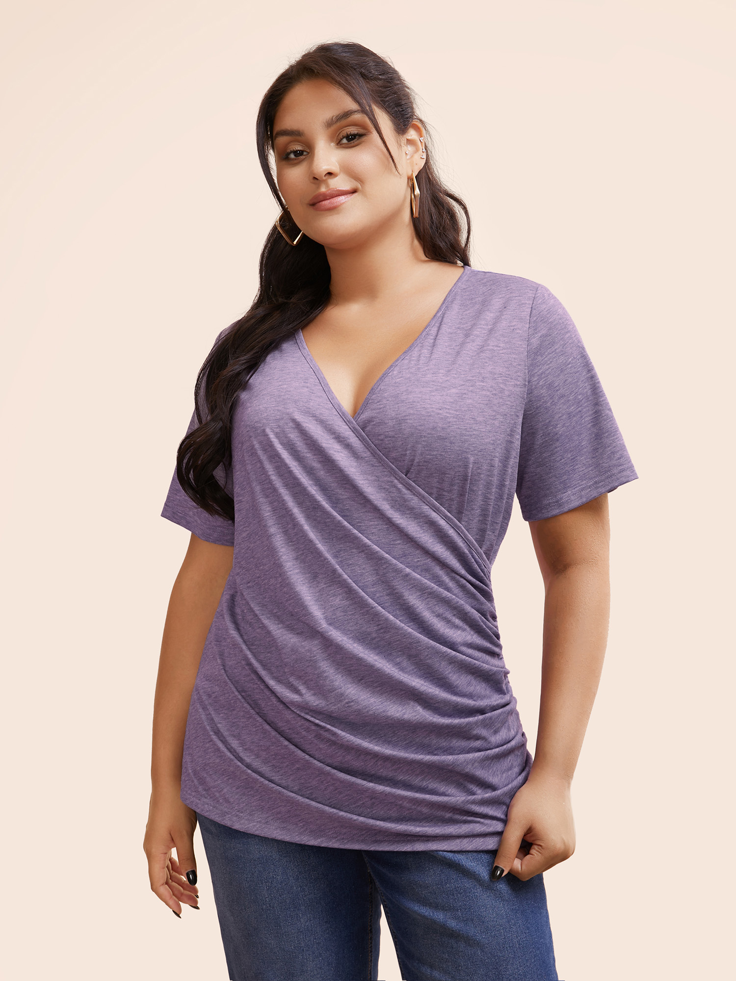 

Plus Size Solid Heather Overlap Collar Gathered T-shirt Purple Women Elegant Plain Plain Overlap Collar Dailywear T-shirts BloomChic